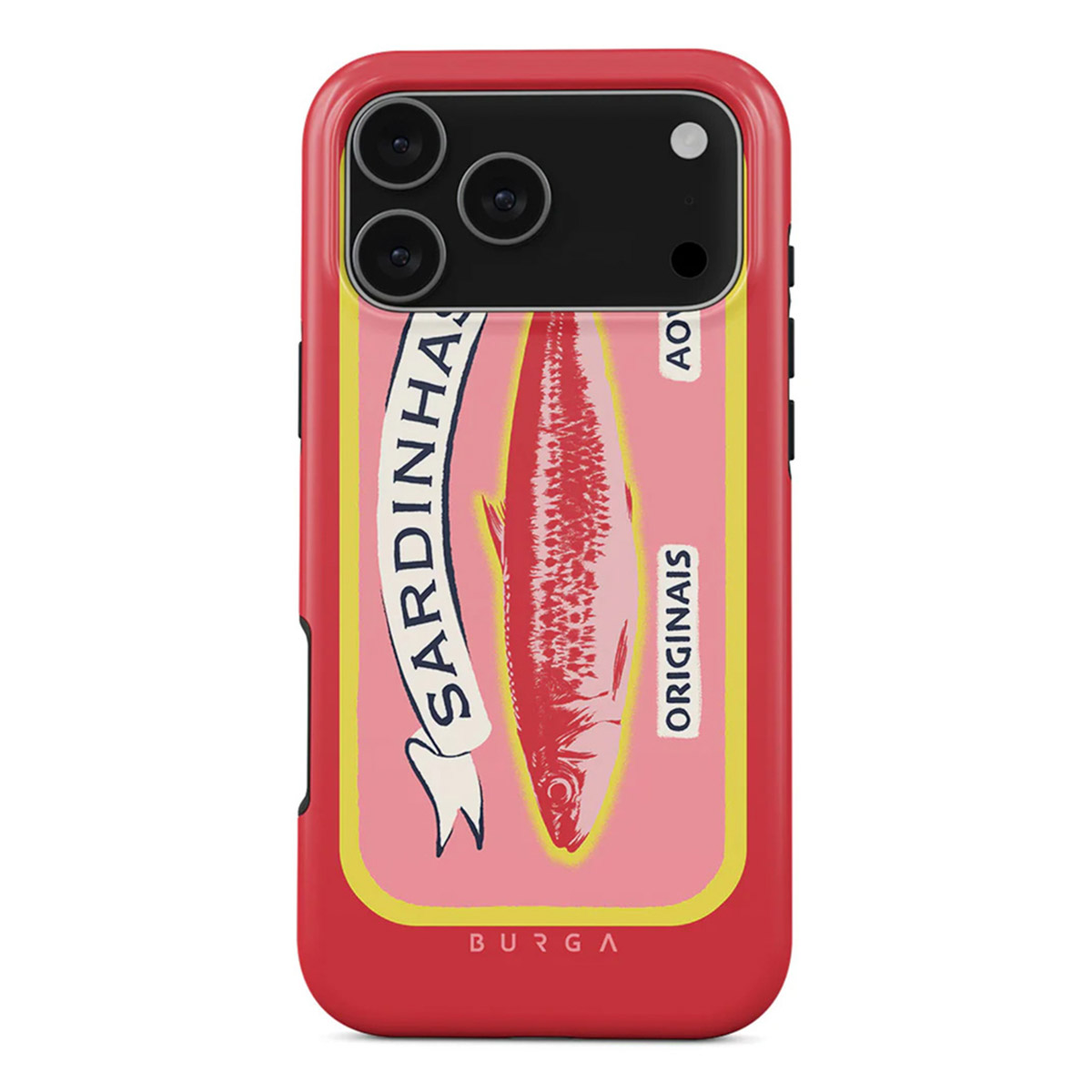 Een telefoonhoesje met een ontwerp van een sardineblikje. Het blikje is roze met een rode sardine-illustratie en tekst in het Portugees. De hoes is rood.
