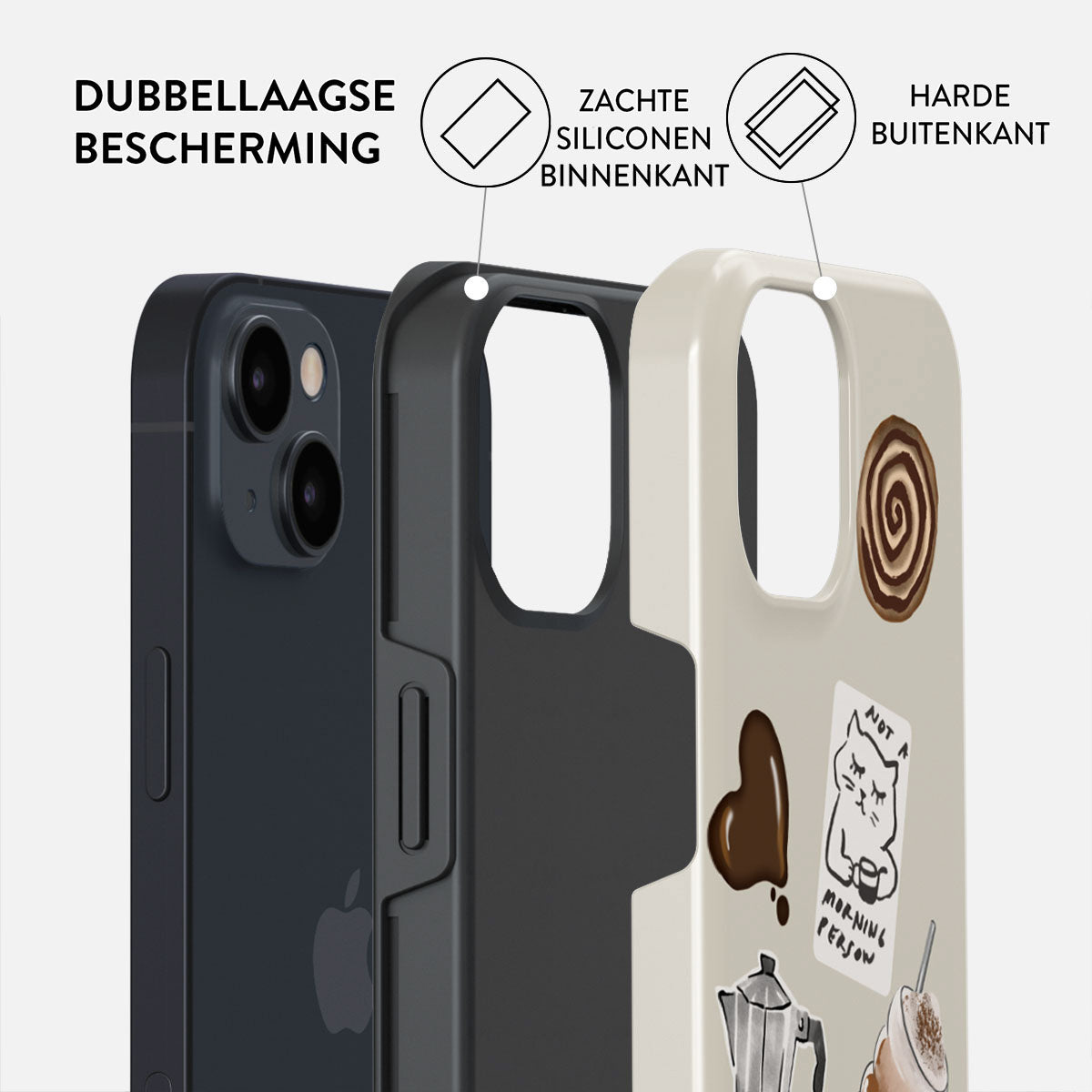 Een telefoonhoesje met een donkere telefoon erin. De hoes bestaat uit lagen: zwart, grijs en wit met stickers. Tekstlabels leggen de lagen uit.