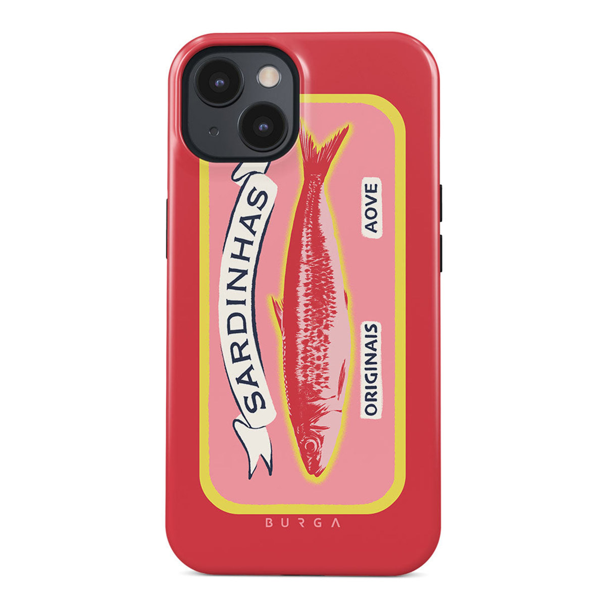 Rode iPhone-hoes met sardines blik ontwerp. Voorzien van een rode sardine illustratie op een roze en gele achtergrond, met tekst.