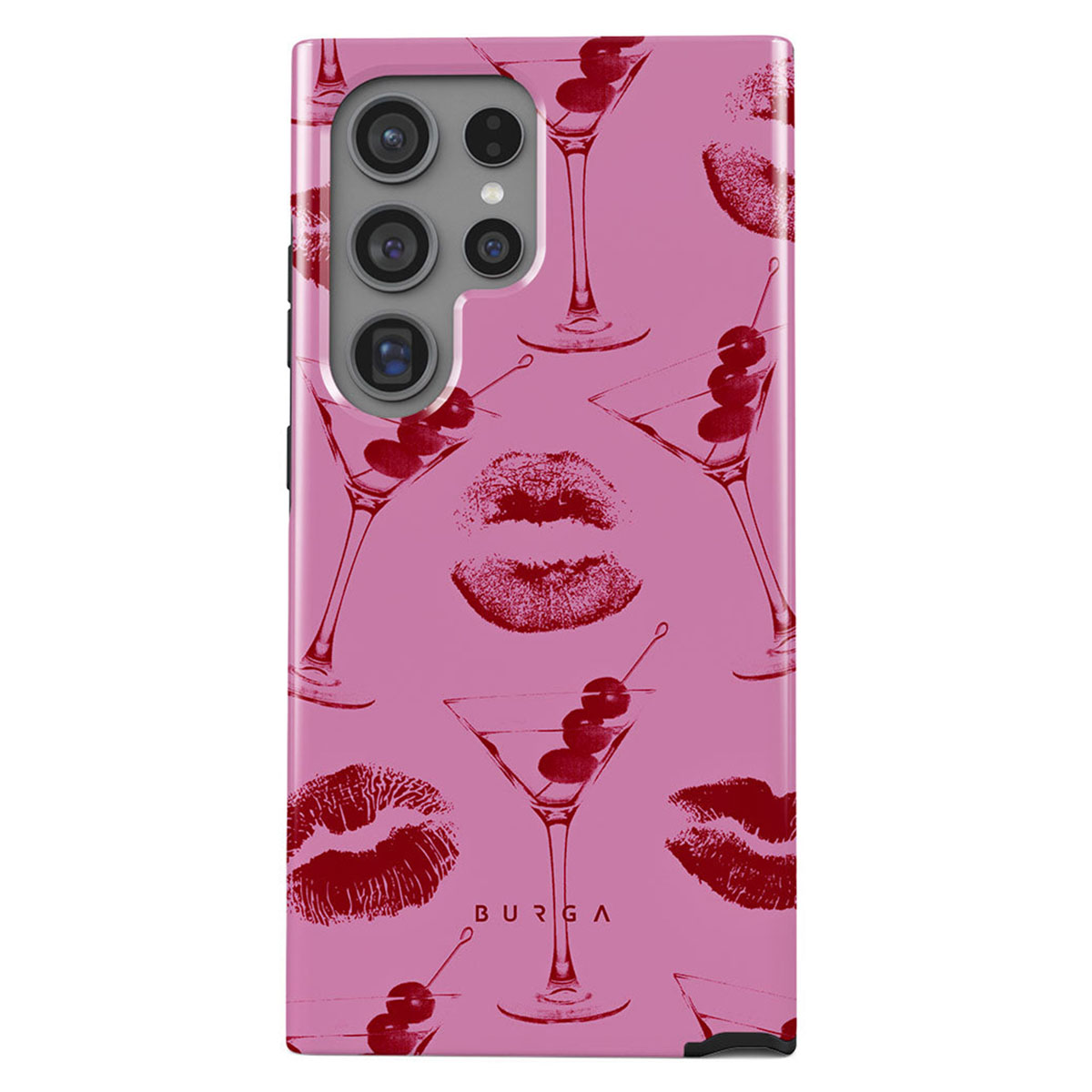 Een telefoonhoesje met een roze achtergrond met rode martiniglazen, lipafdrukken en kersen. De merknaam is BURGA.