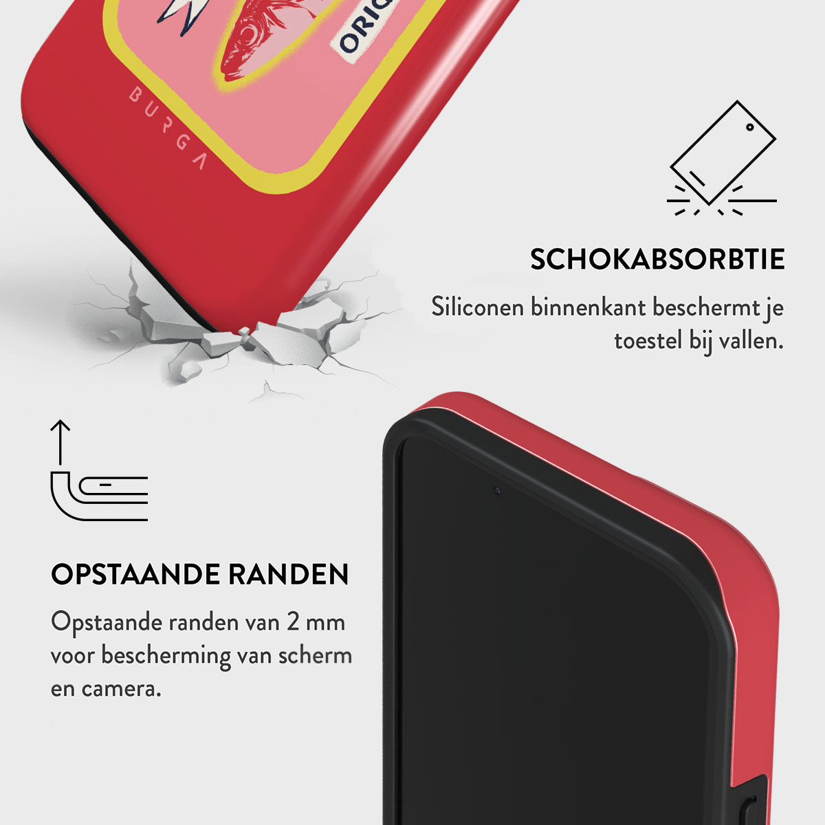 Een rode telefoonhoes met visontwerp, met tekst over schokabsorptie en verhoogde randen voor schermbescherming.