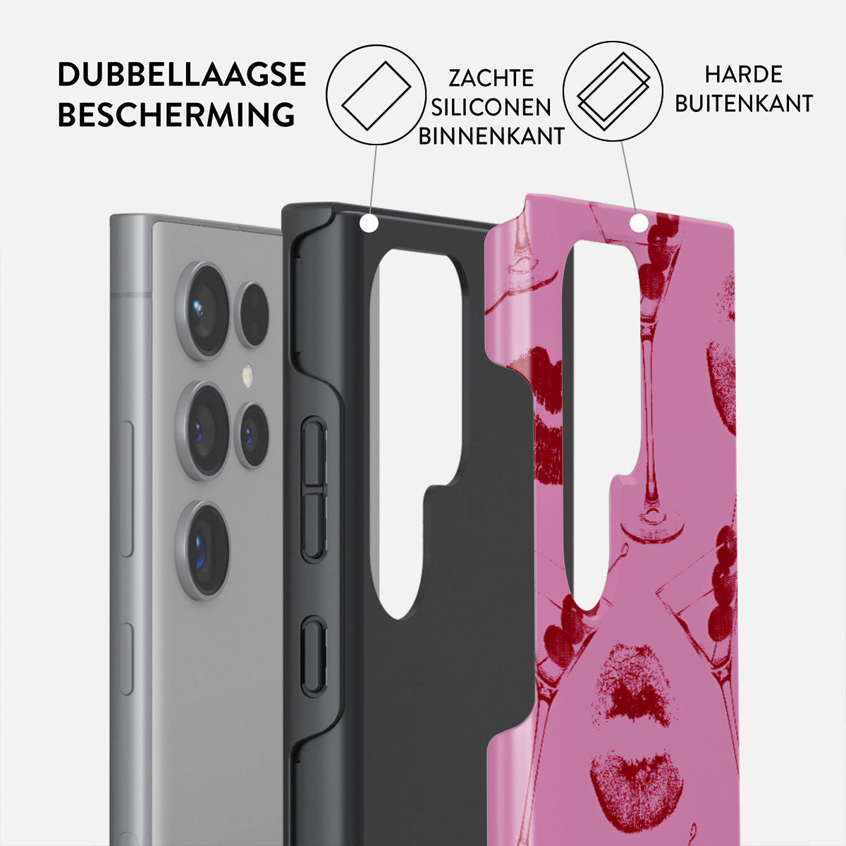 Een telefoonhoesje met meerdere lagen. Het hoesje is roze en heeft een ontwerp van martiniglazen. Andere lagen zijn zwart en grijs.