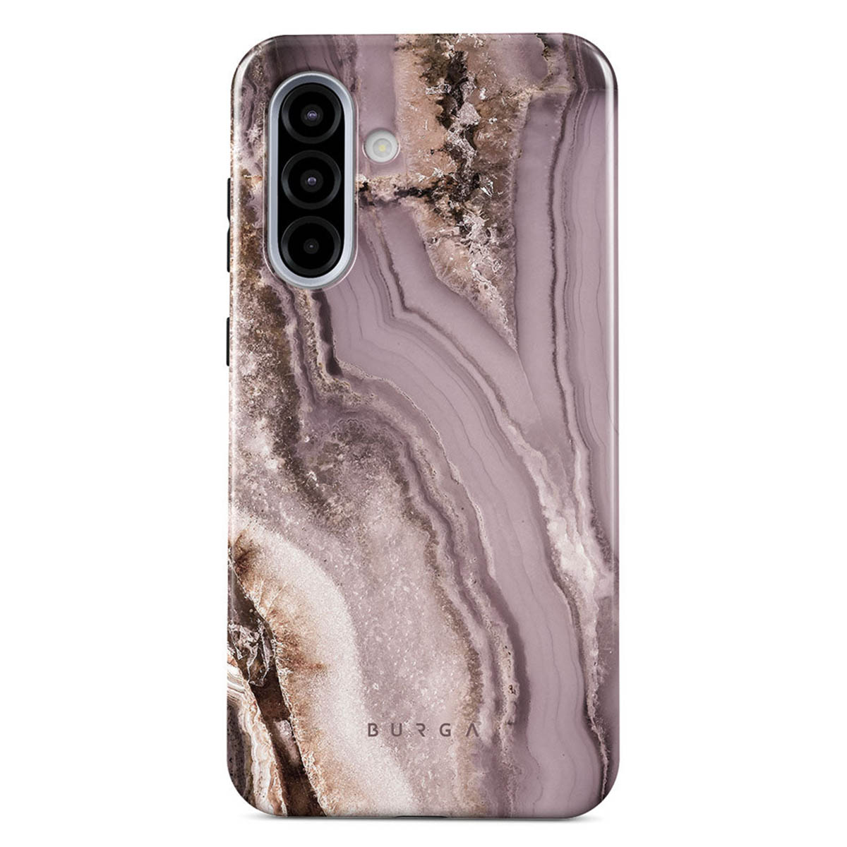 Een telefoonhoesje met een marmeren design. De hoes heeft een camera en het woord BURGA onderaan. De kleuren zijn mauve, bruin en wit.