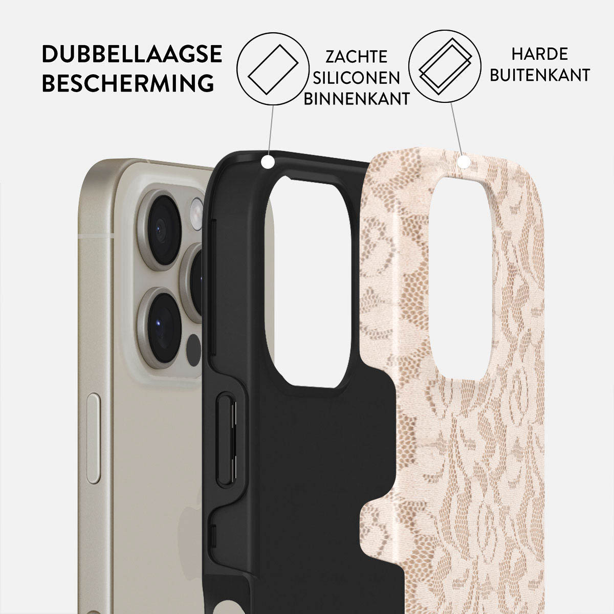 Une coque de téléphone composée d'une protection multicouche, avec un téléphone, une couche interne noire et une couche externe à motifs, avec des étiquettes.