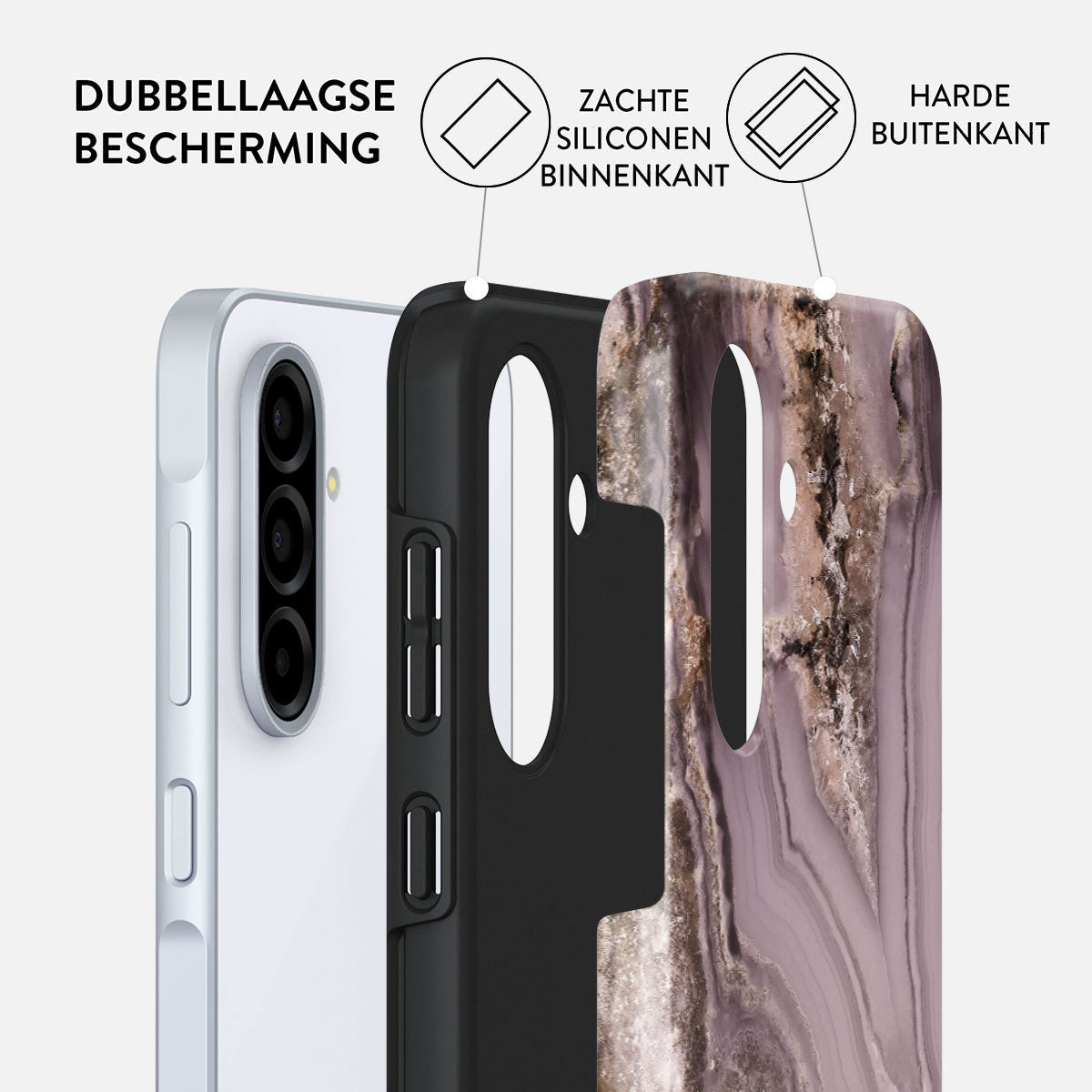 Telefoonhoesje met lagen. Witte telefoon links. Zwarte binnenhoes en buitenhoes met marmerpatroon. Labels tonen lagen en bescherming.