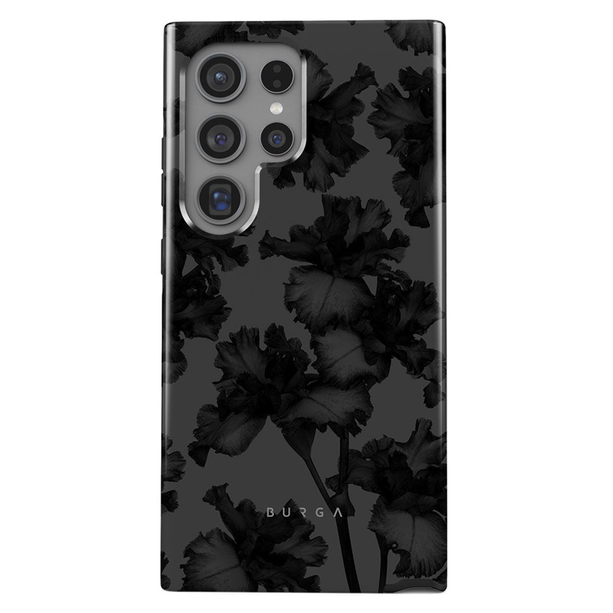 Een telefoonhoesje met een bloemenontwerp. Donkergrijze achtergrond met zwarte bloemen. De telefoon heeft meerdere cameralenzen.
