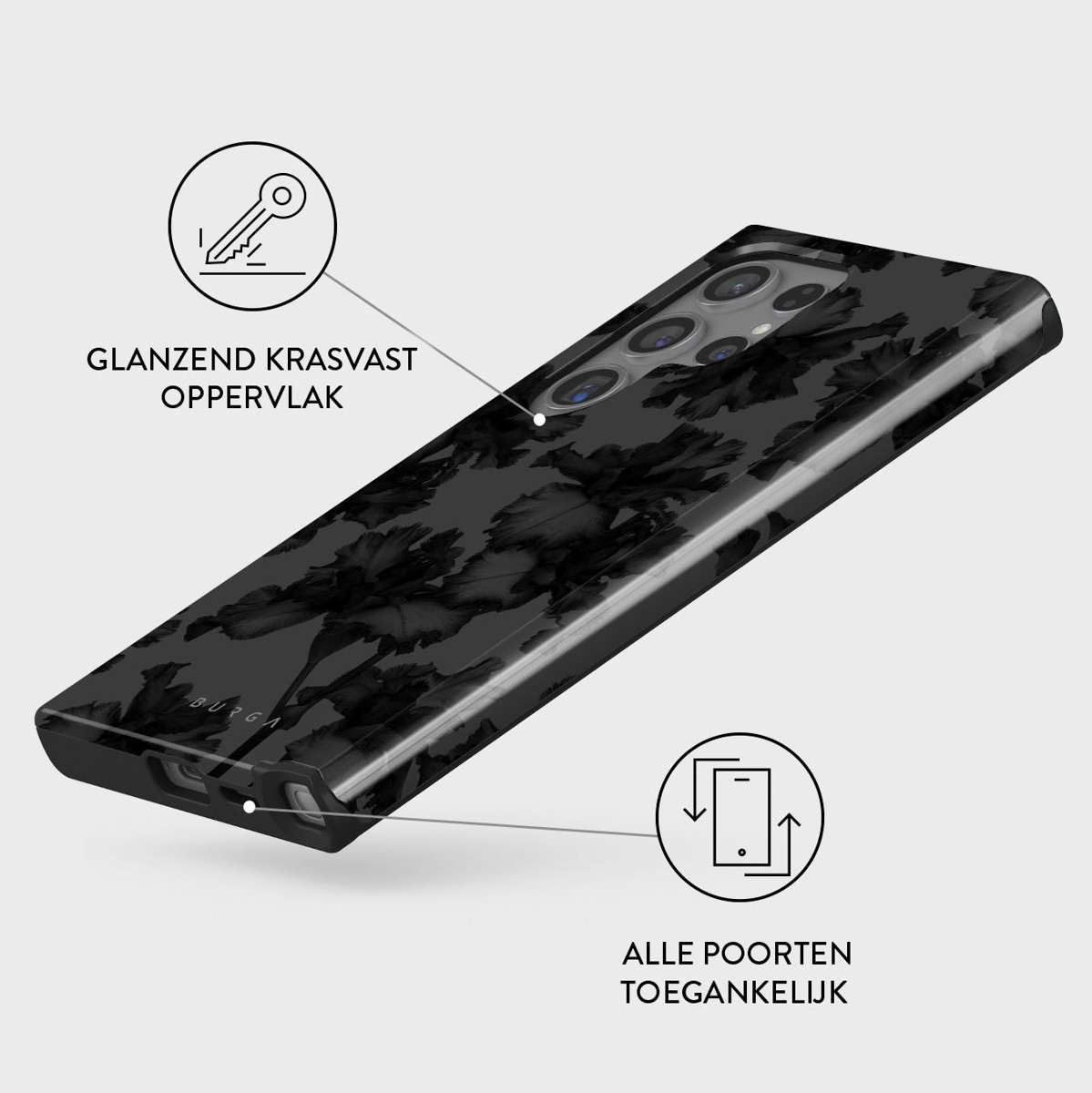 Een zwarte telefoonhoes met bloemenpatroon en de tekst 'BURGA'. Tekst in het Nederlands: 'GLANZZEND KRASVAST OPPERVLAK' en 'ALLE POORTEN TOEGANKELIJK'.