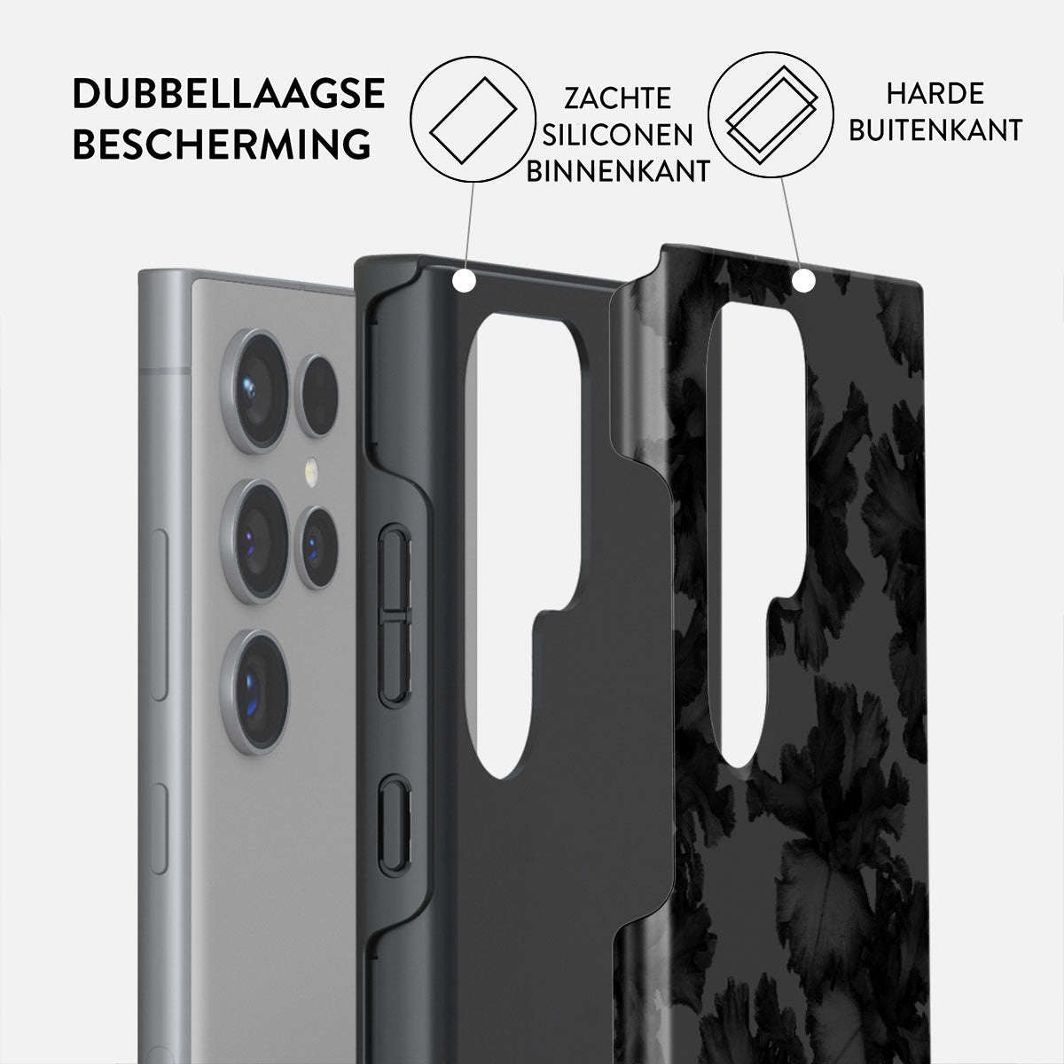 Een telefoon met een beschermhoesje. De hoes bestaat uit drie lagen en toont de achterkant van de telefoon. Tekstlabels beschrijven de kenmerken.