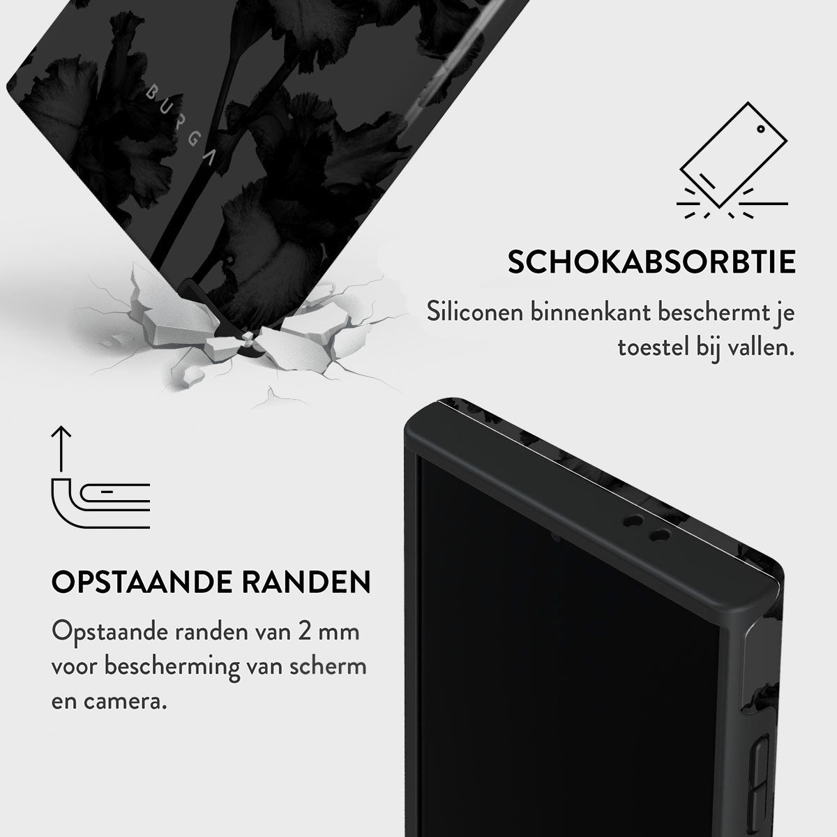 Een telefoonhoesje met een bloemenontwerp, een diagram dat impactbescherming toont en tekst die beschermende eigenschappen beschrijft.