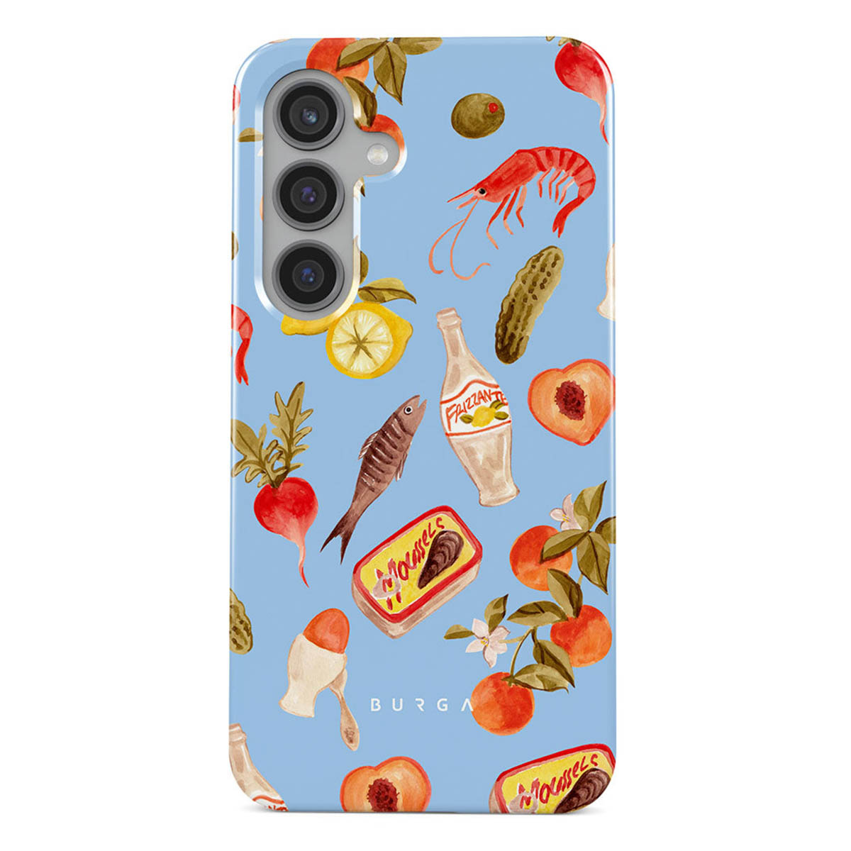 Een telefoonhoesje met een lichtblauwe achtergrond, met aquarel illustraties van voedsel zoals garnalen, vis en fruit.
