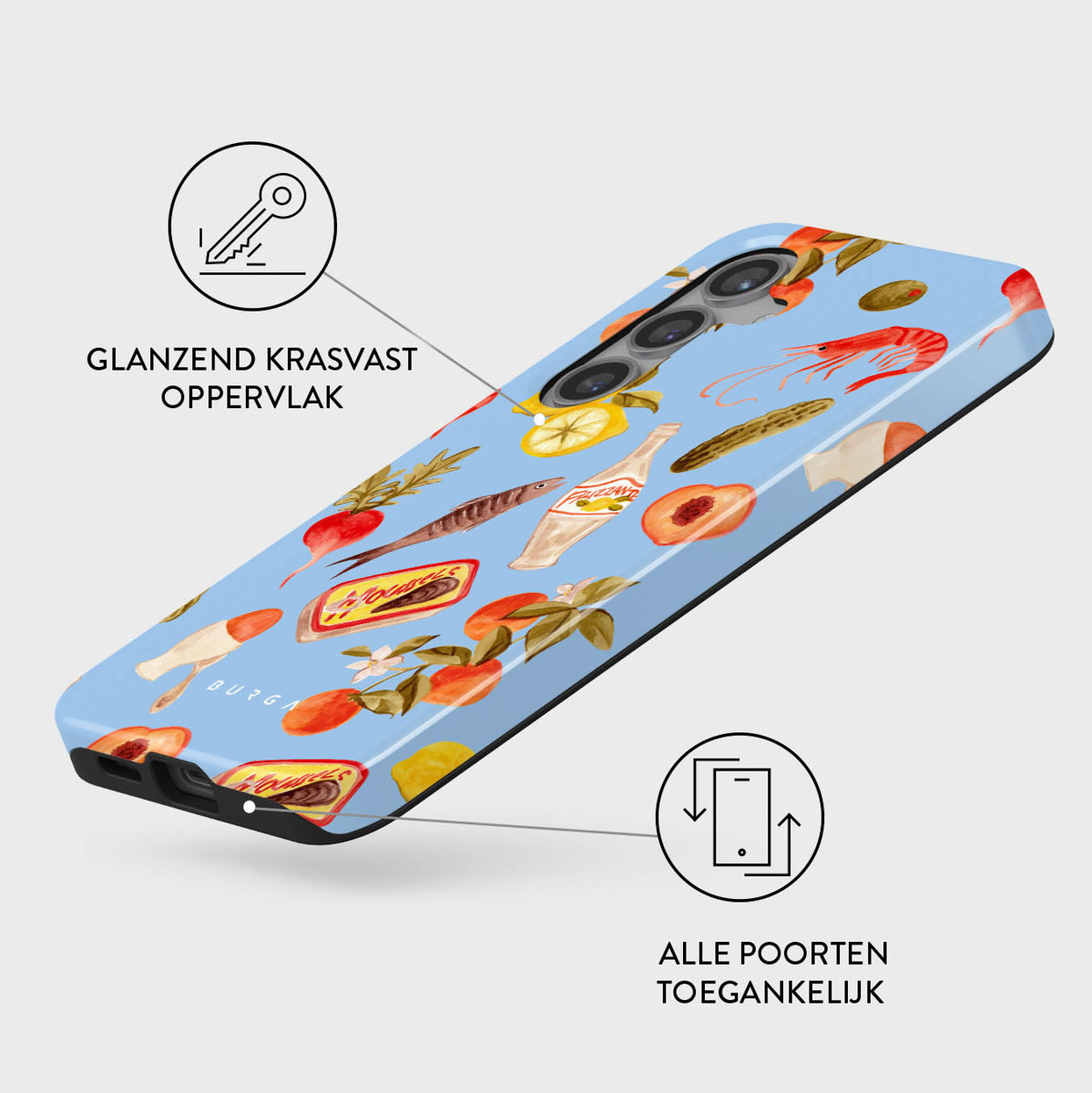 Een telefoonhoesje met een blauwe achtergrond. Het heeft een patroon van voedselillustraties zoals garnalen, perziken, citroenen en vis.