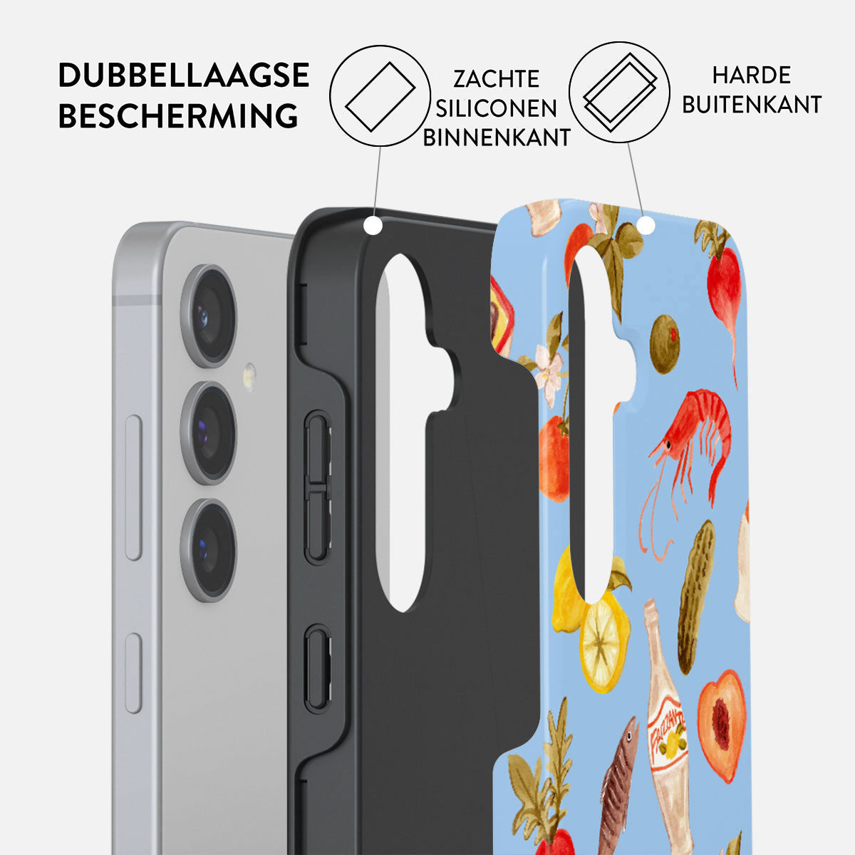 Telefoonhoesje met dubbellaagse bescherming. Binnenkant siliconen en harde buitenkant. Blauwe achtergrond met voedselpatroon: garnalen, citroen, perzik, etc.