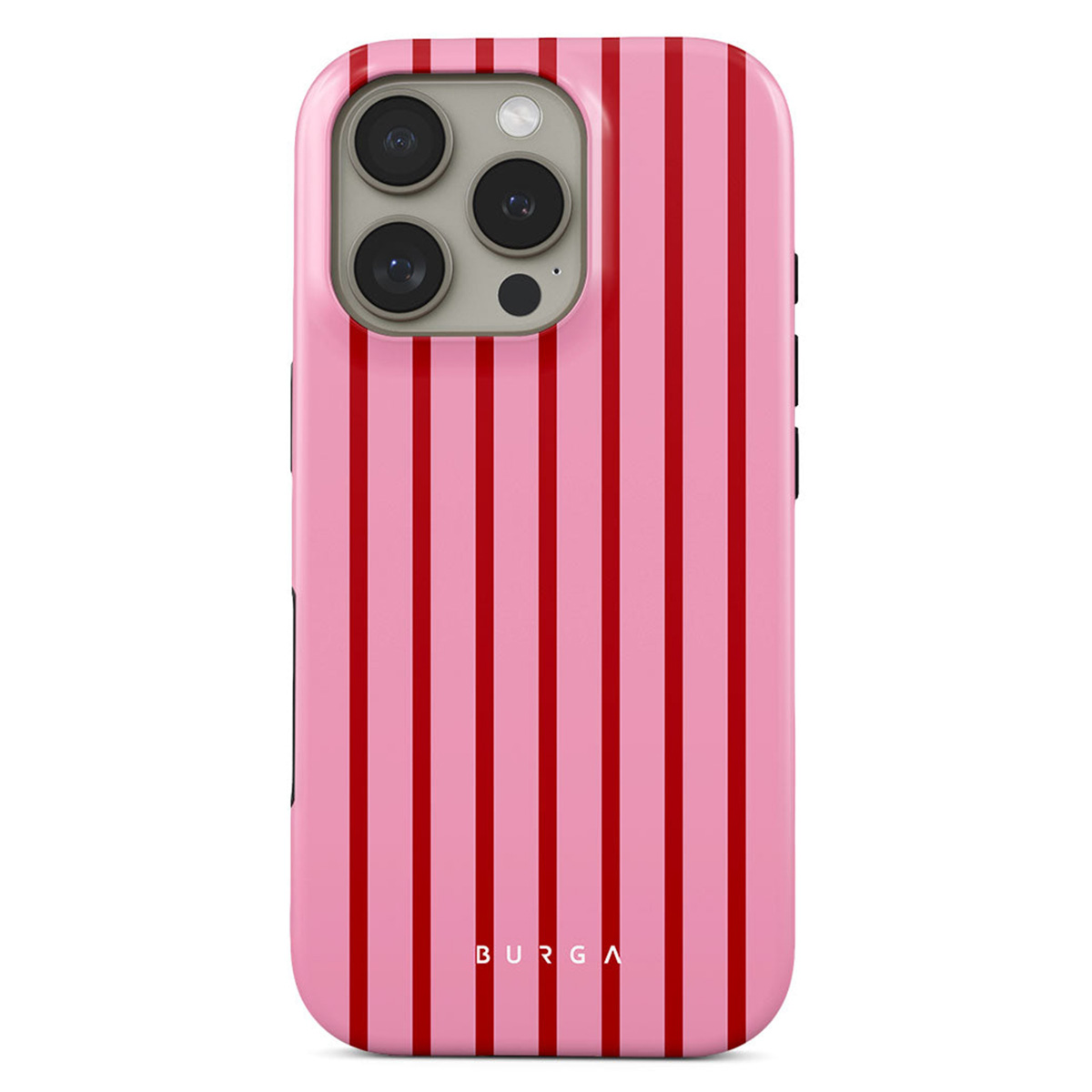 Roze telefoonhoesje met verticale rode strepen. Het heeft een cameramodule en de merknaam BURGA.