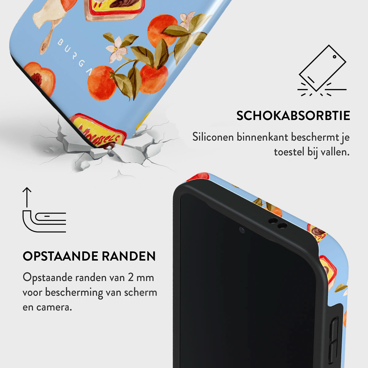 Een telefoonhoesje met perzikontwerp valt. Tekst toont beschermingsfuncties: schokabsorptie en verhoogde randen voor scherm en camera.