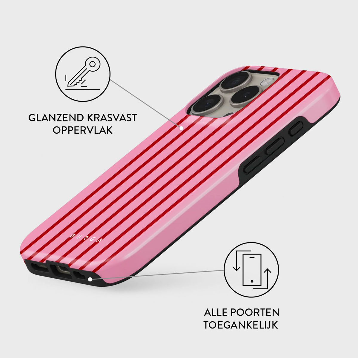 Roze telefoonhoesje met rode strepen. Het heeft drie cameralenzen en zwarte randen. De achtergrond is wit.
