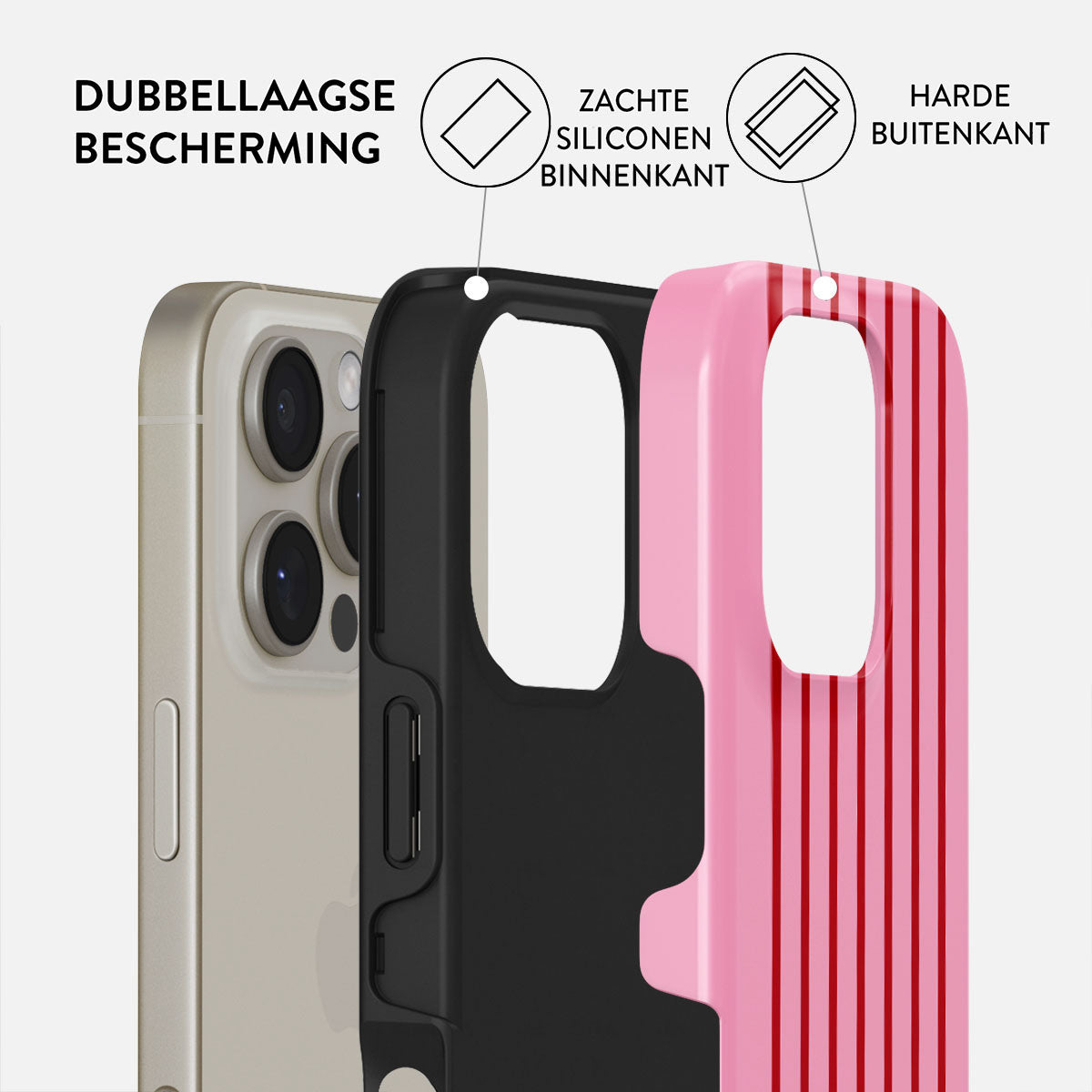 Een telefoonhoesje met een gouden telefoon erin, met de beschermlagen: zachte siliconen binnenkant, harde buitenkant en dubbellaagse bescherming.