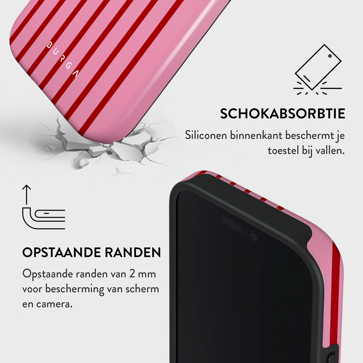 Roze telefoonhoesje met rode strepen. Een telefoon wordt getoond met verhoogde randen. Tekst geeft schokabsorptie en schermbescherming aan.