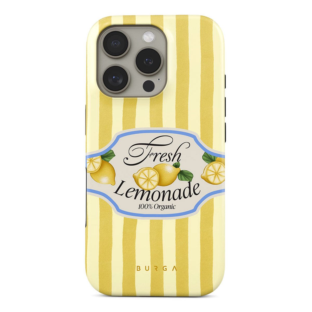 Une coque de téléphone avec un fond rayé jaune et une étiquette indiquant 'Limonade fraîche', avec des illustrations de citron.
