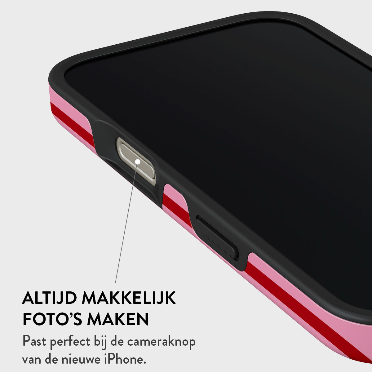Close-up van een telefoonhoesje met roze en rode strepen, zwart scherm en een knop. Tekst: 'Altijd makkelijk foto's maken'.