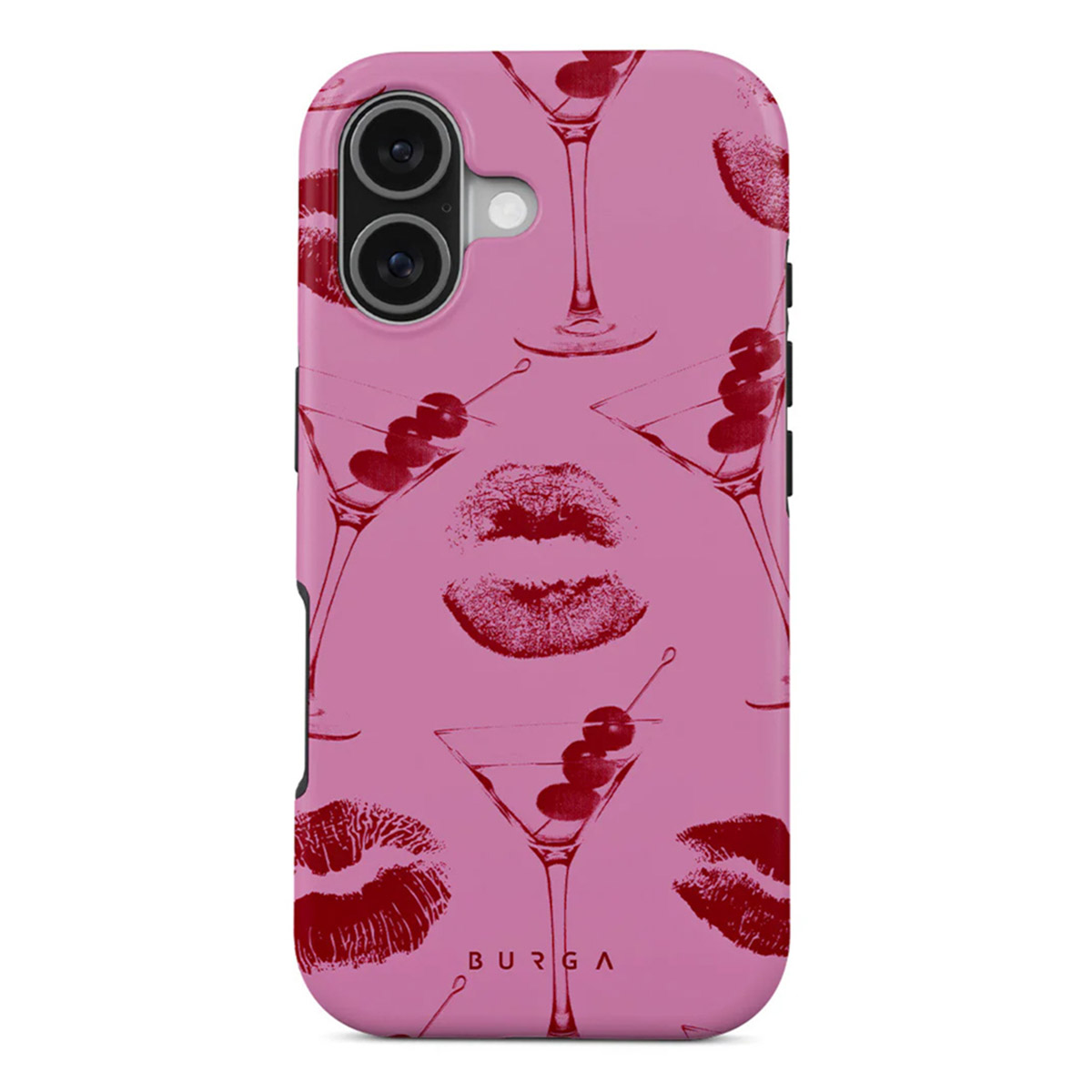Roze telefoonhoesje met rode lippenstiftprints, martiniglazen met kersen. De merknaam BURGA staat onderaan.