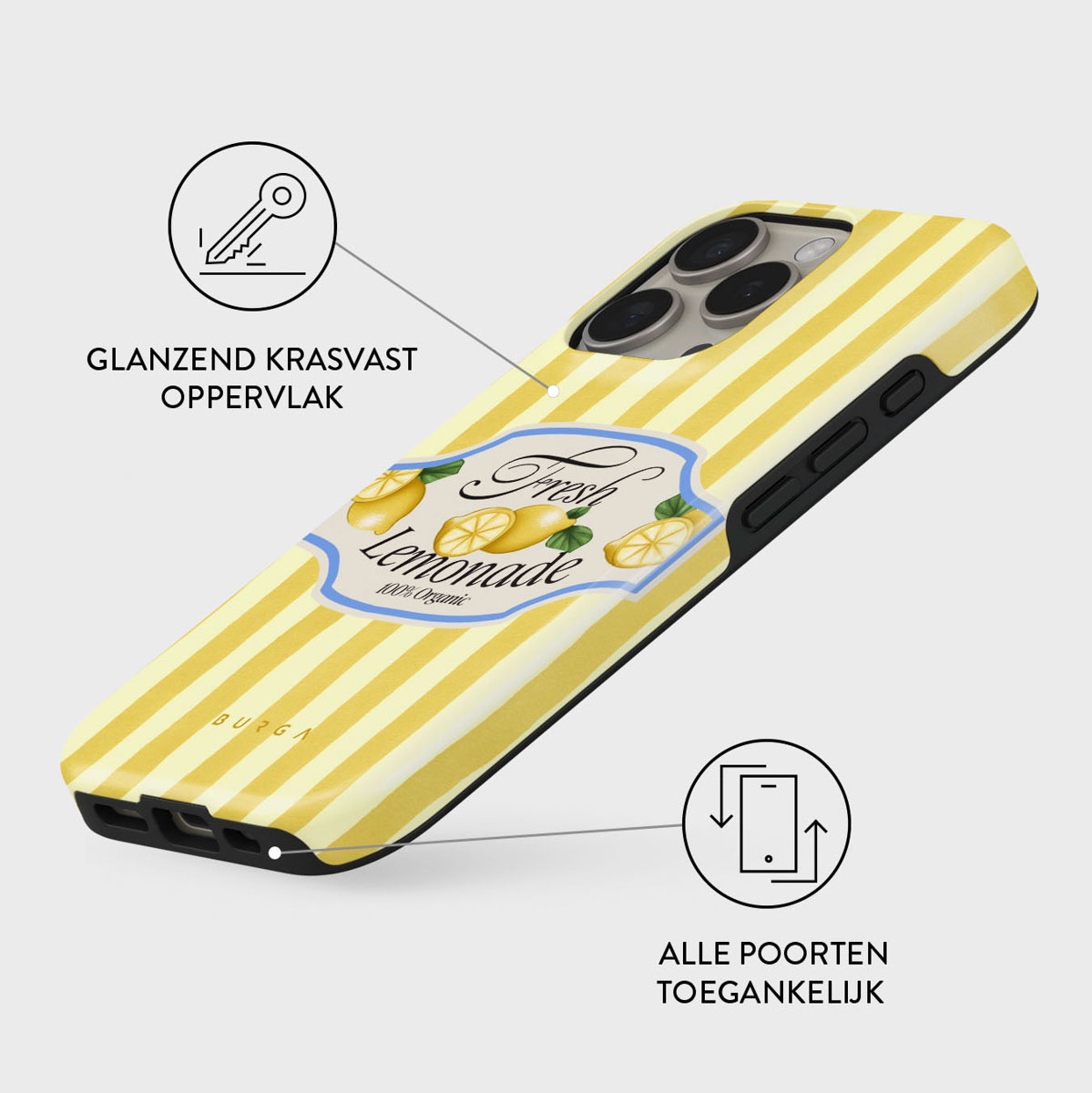 Coque de téléphone limonade, rayures jaunes, étiquette avec citrons. Texte : Fresh Lemonade. Schémas et texte en néerlandais.