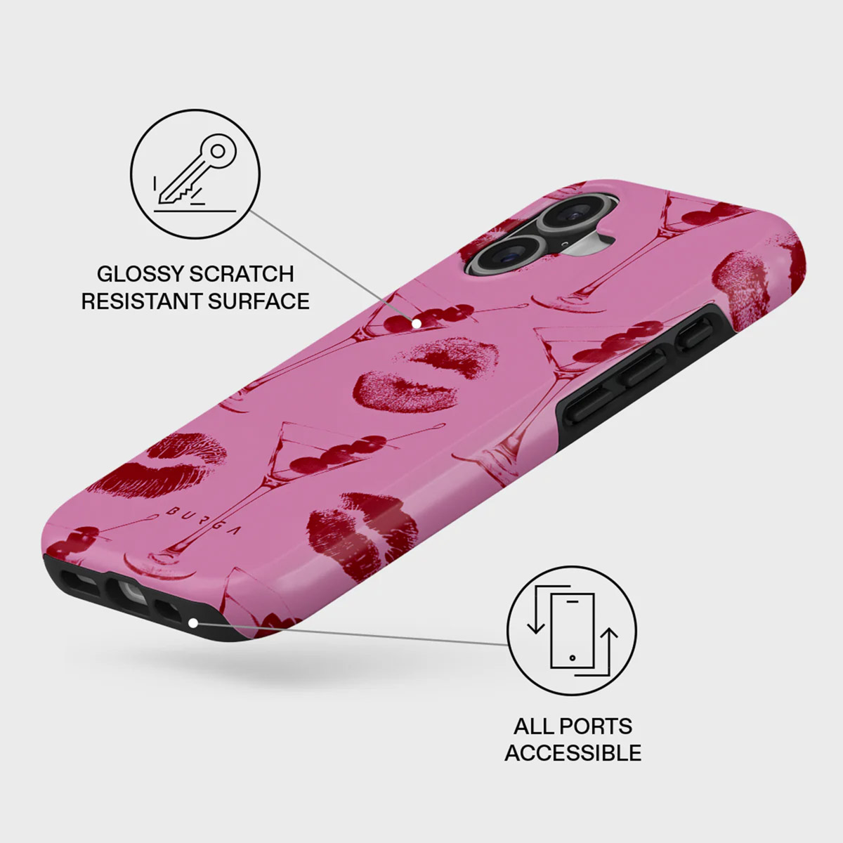 Roze telefoonhoesje met rode lippen en martini glazen. Tekst geeft glanzend, krasbestendig oppervlak en alle poorten toegankelijk aan.