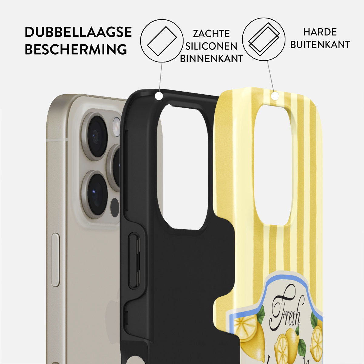 Coque de téléphone au design citron. Comprend une protection double couche, intérieur en silicone souple et coque extérieure dure, avec détails.