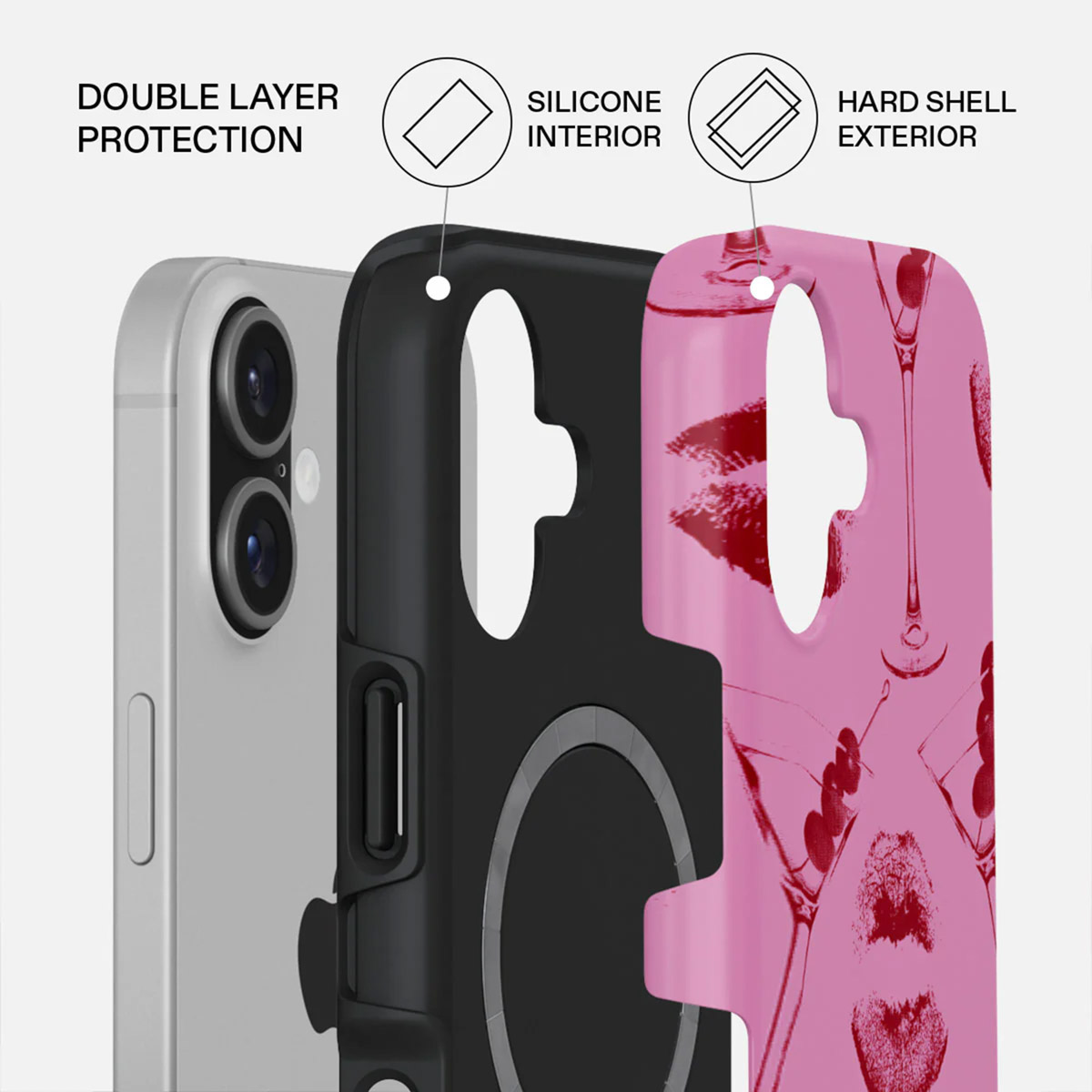Telefoonhoesje met dubbele bescherming. Zwart interieur, roze exterieur met lippenstiftafdrukken en martiniglazen.