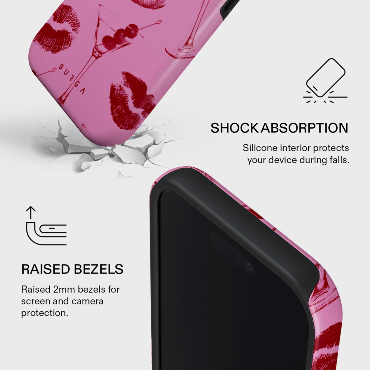 Roze telefoonhoesje met lipafdrukken en cocktailglazen. De hoes ligt op een witte ondergrond met tekst over schokabsorptie en verhoogde randen.
