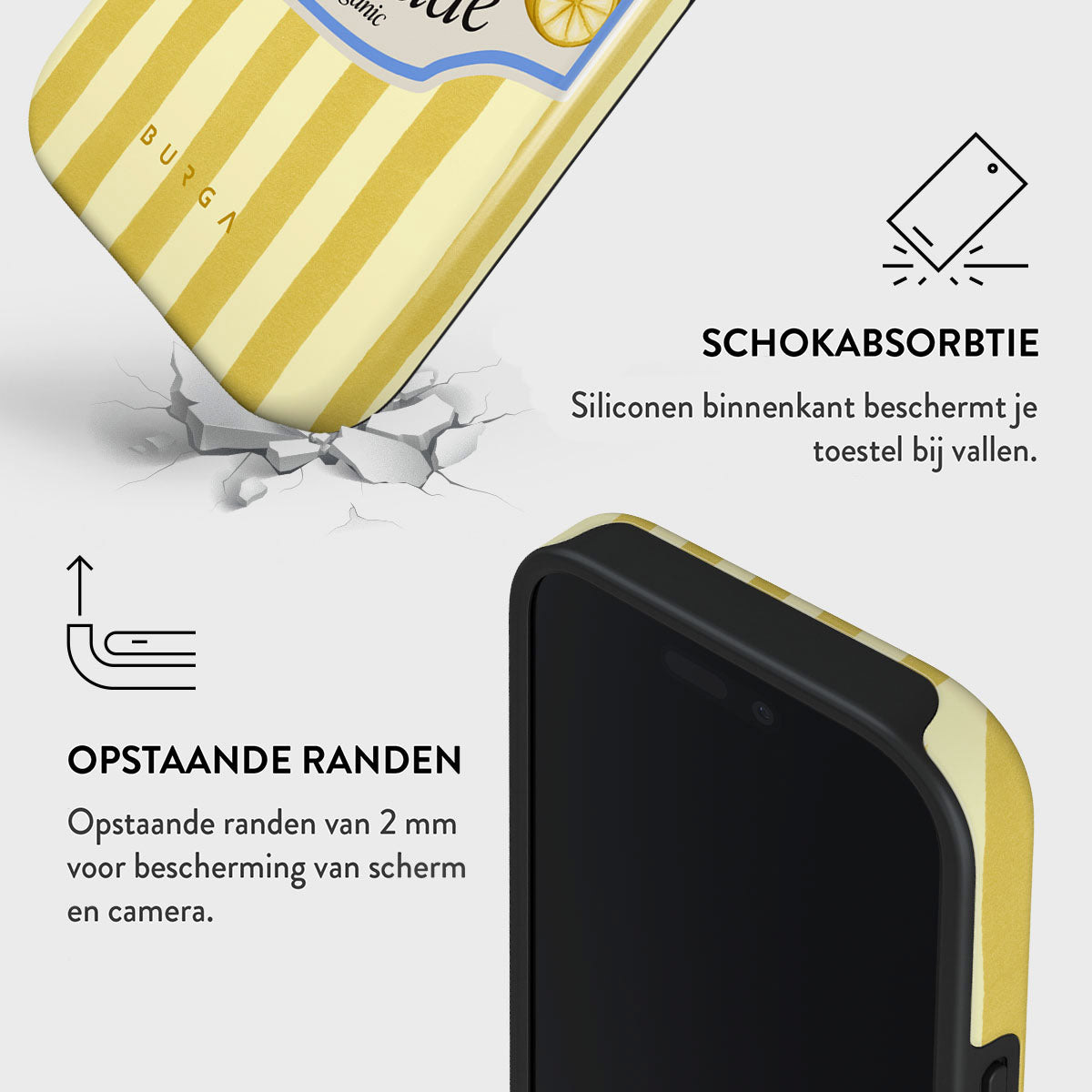 Une coque de téléphone à rayures jaunes et blanches, l'écran du téléphone et un schéma montrant la résistance aux chocs et les bords relevés.