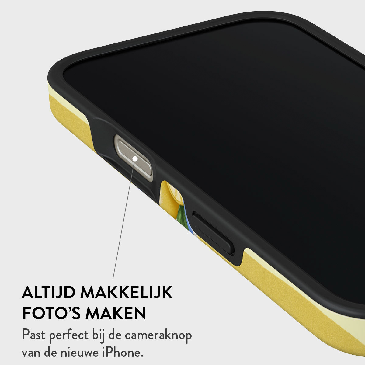 Gros plan sur une coque de téléphone. La coque est jaune et noire. Le texte dit 'Toujours facile de prendre des photos'. Un motif de citron est visible.