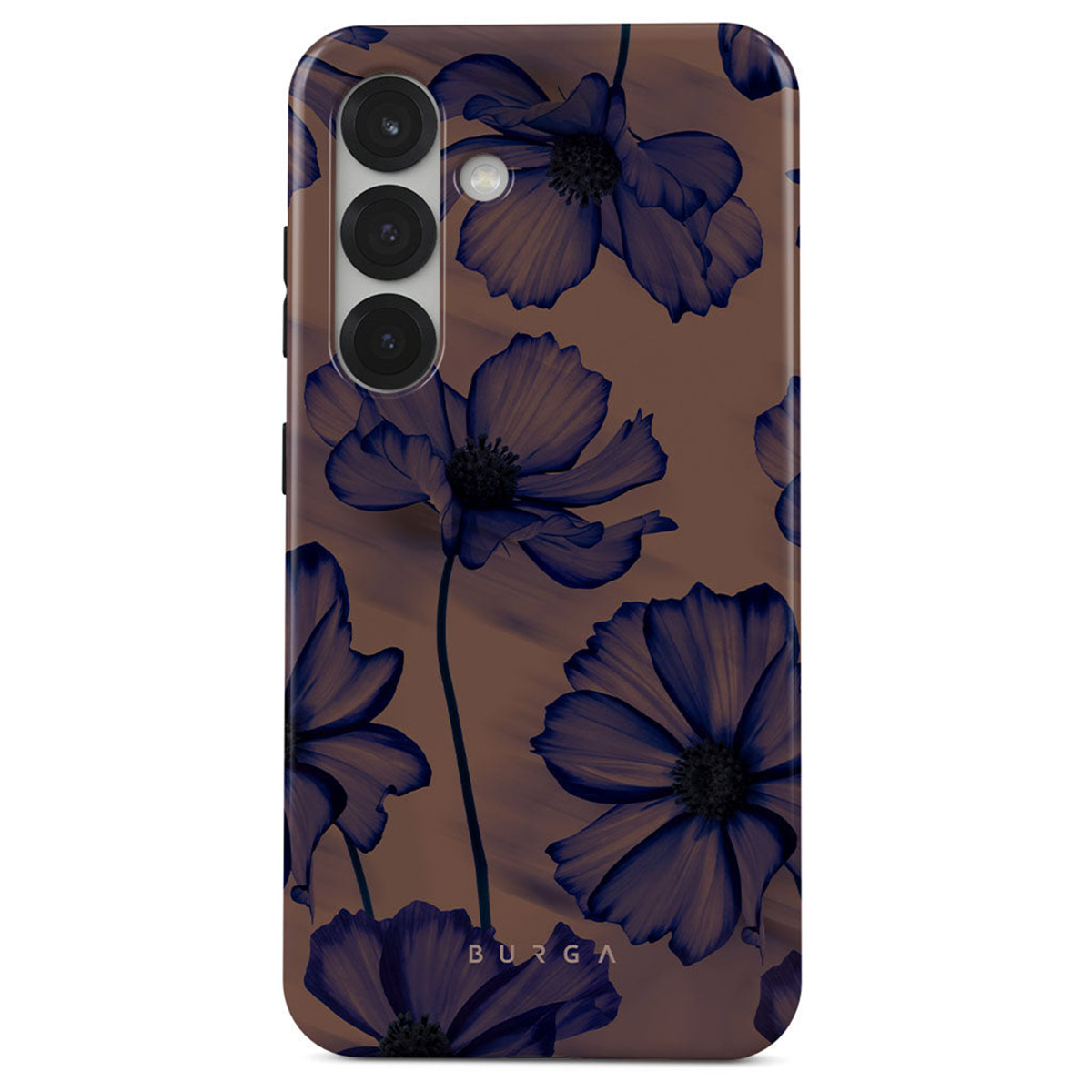 Coque de téléphone avec motif de fleurs bleu foncé sur fond marron. La coque a un module caméra et la marque BURGA est visible.