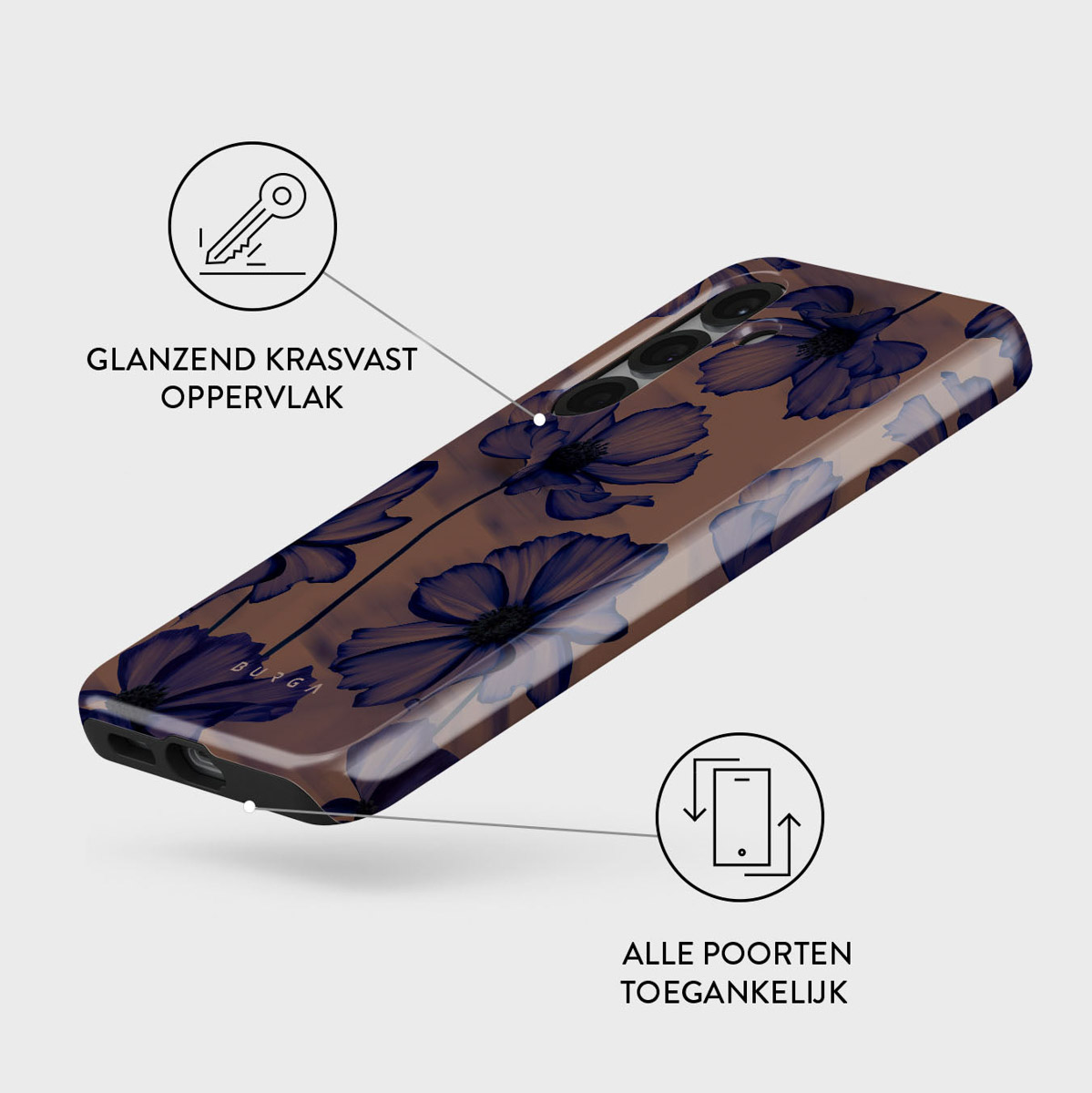 Coque de téléphone avec motif floral bleu sur fond marron. Caractéristiques : surface brillante, résistante aux rayures et ports accessibles.