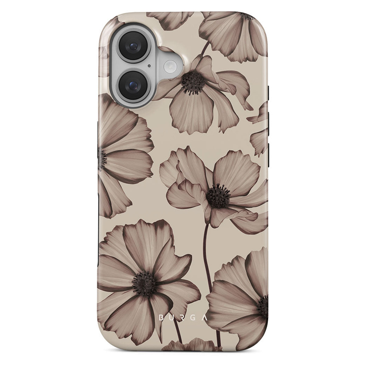 Coque de téléphone avec un motif floral de fleurs marron sur fond beige. La coque a deux caméras.