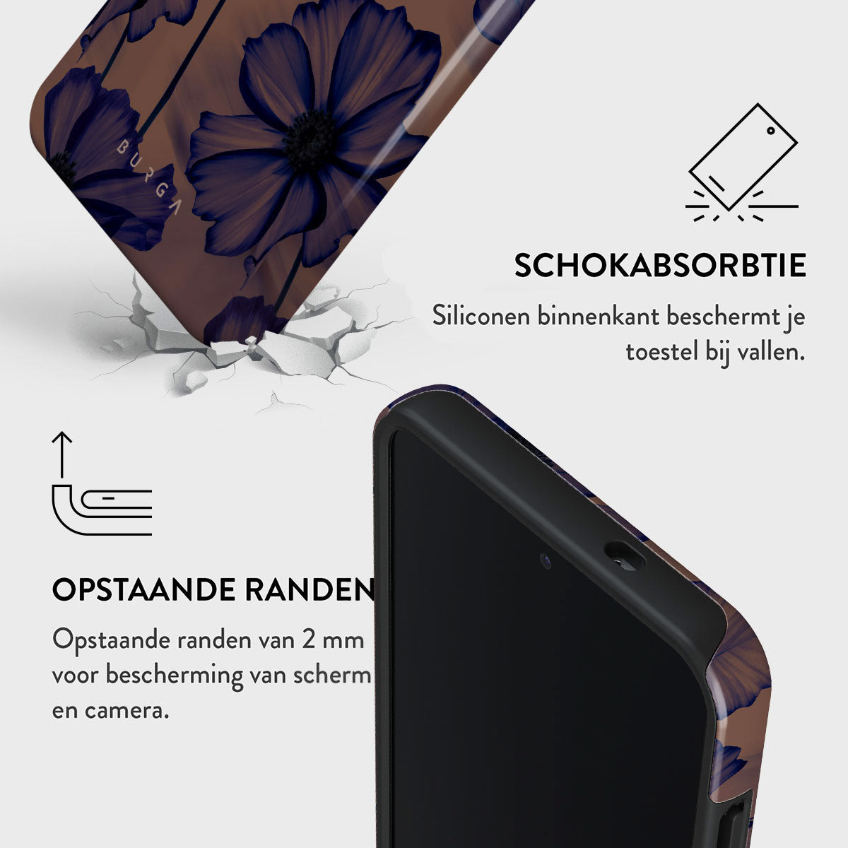 Coque de téléphone à motifs floraux et texte sur les fonctions de protection sur fond blanc. La coque semble tomber au sol.
