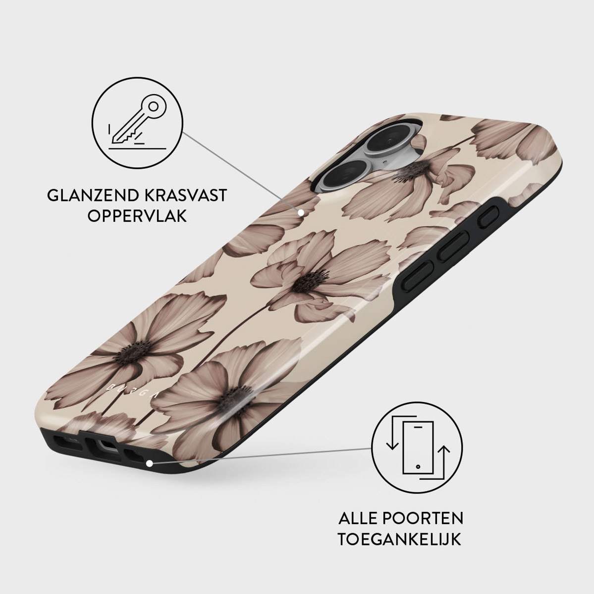 Coque de téléphone à motif floral. L'étui est beige avec des fleurs marron. Texte en néerlandais : surface brillante, résistante aux rayures et tous les ports accessibles.