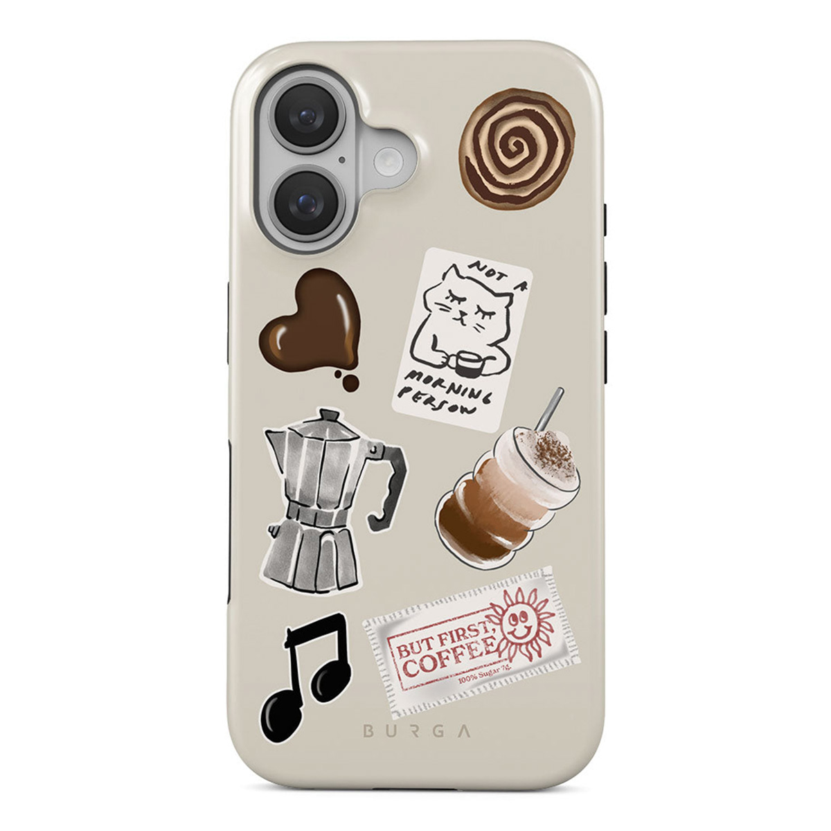 Telefoonhoesje met stickers met koffiethema: koffieboonhart, espressomaker, kat, latte, muzieknoot en kaneelbroodje.