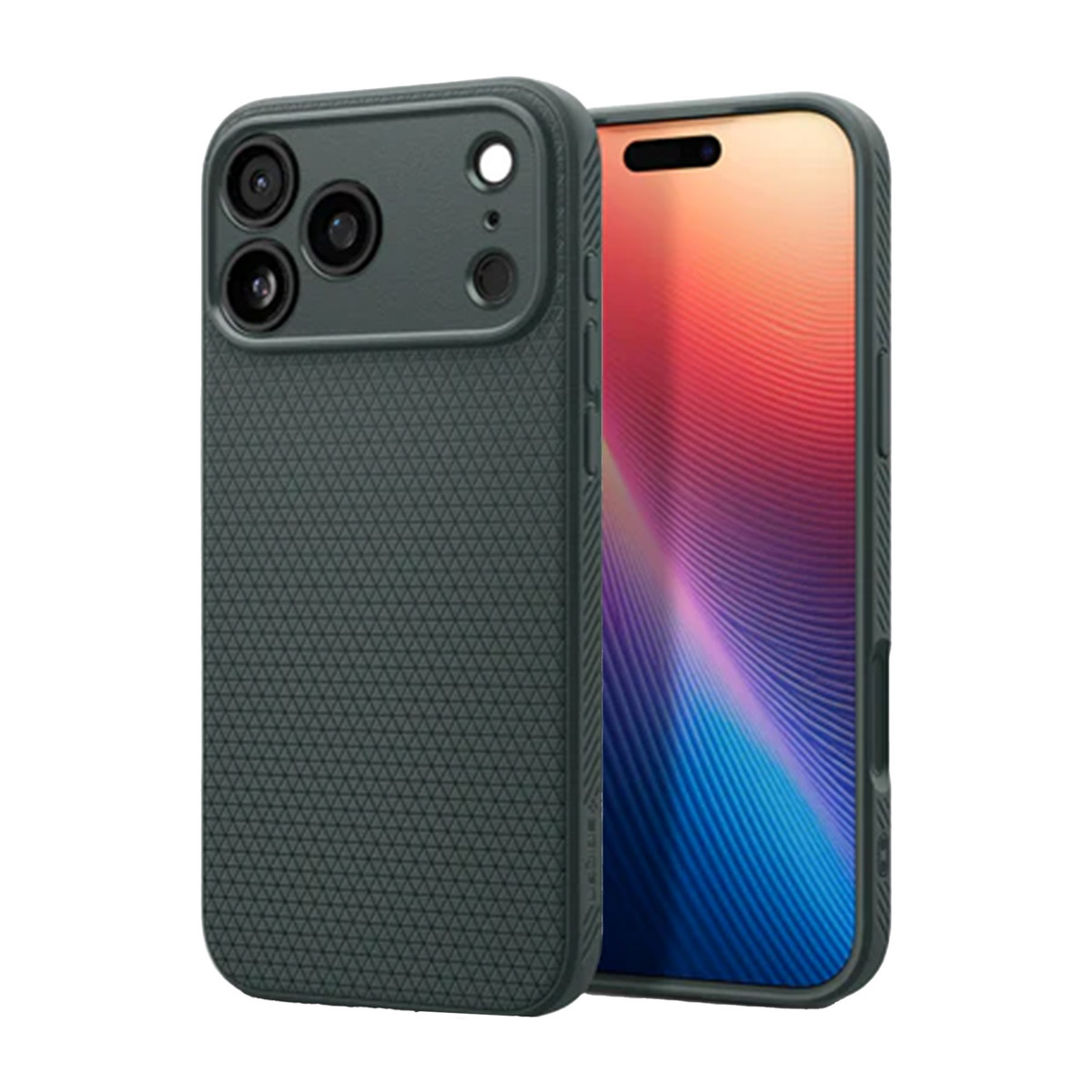 Een smartphone met een donkergroene hoes. Het scherm toont een verloop van rood, oranje en blauw.