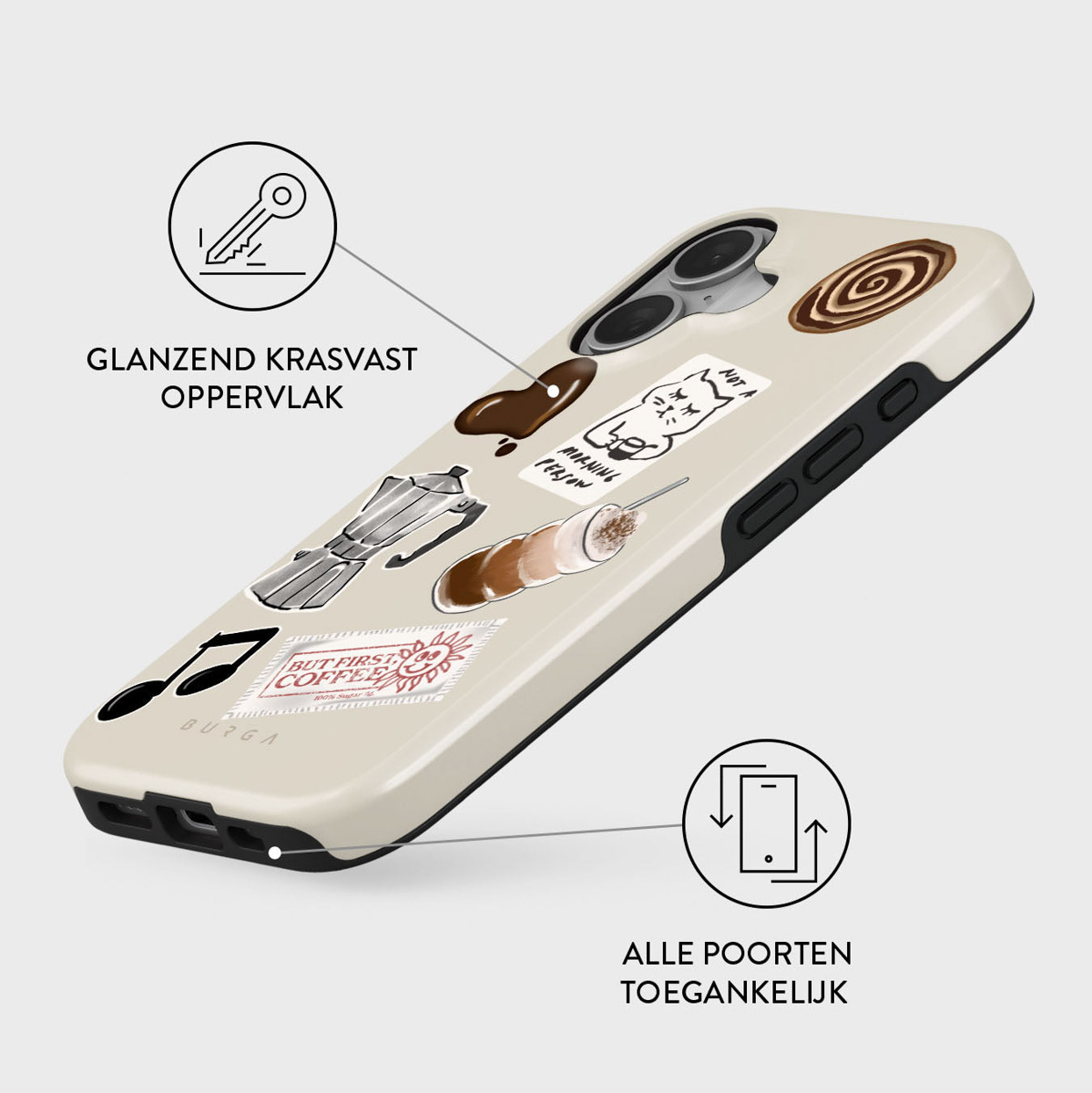 Een telefoonhoesje met koffiethema stickers: koffievlekken, een mokapot, een kat en de tekst "But first coffee".