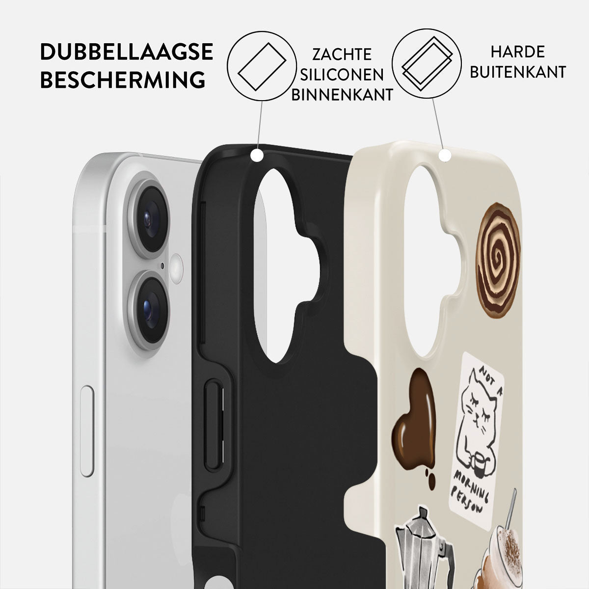 Een telefoonhoesje met een witte telefoon erin. De hoes heeft een zwarte binnenlaag en een beige buitenlaag versierd met koffie-thema stickers.