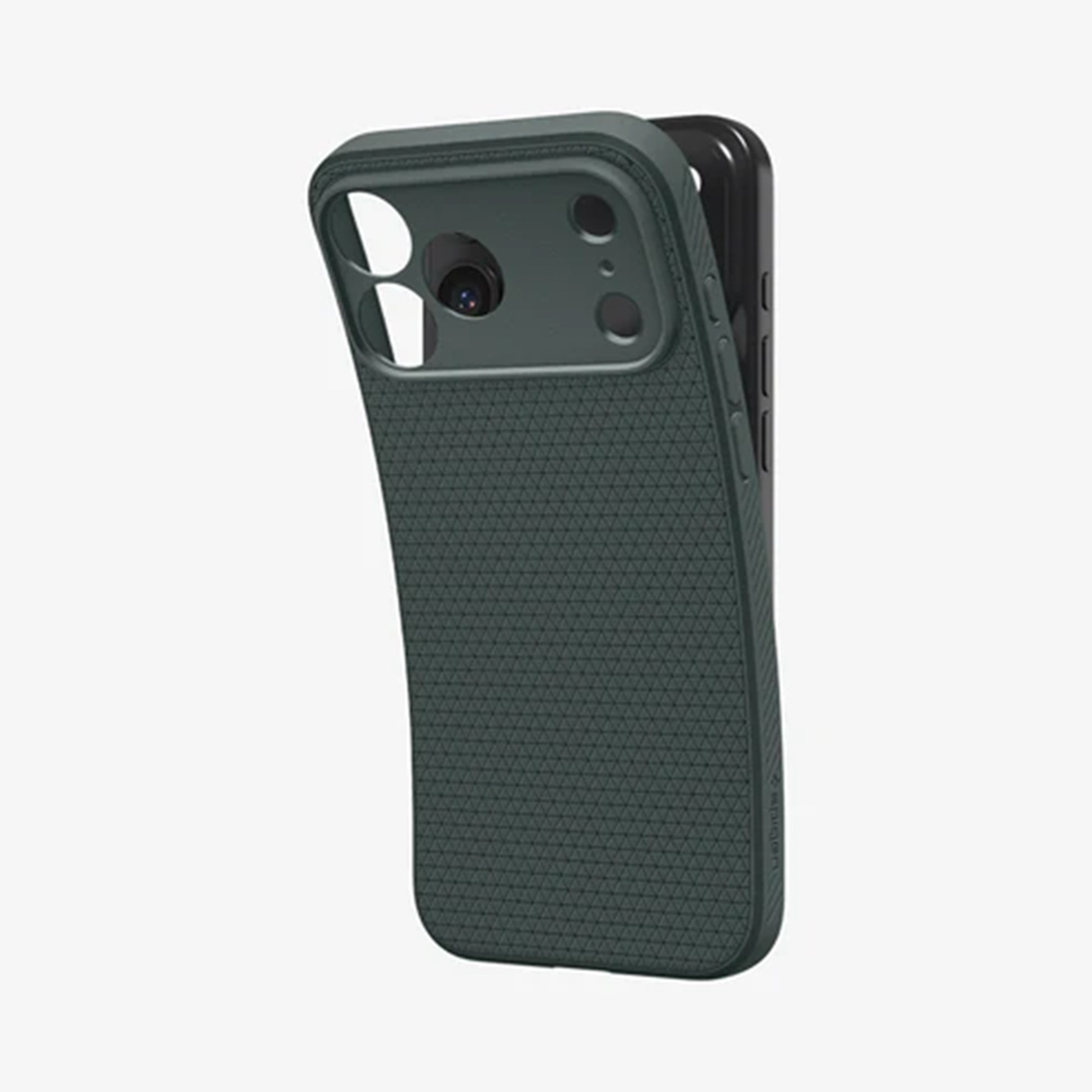 Een donkergroene telefoonhoes met een gestructureerd oppervlak en uitsparingen voor de camera. Een zwarte telefoon is gedeeltelijk zichtbaar.
