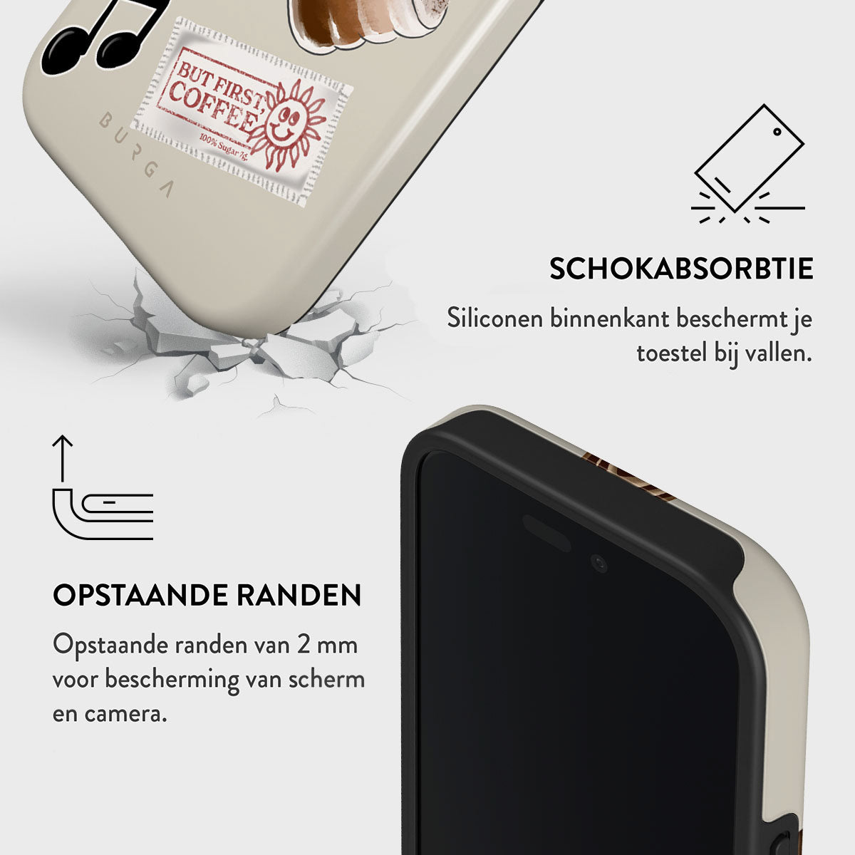 Een telefoonhoesje met koffiedesign, tekst 'But First Coffee' en diagrammen die functies zoals schokabsorptie en verhoogde randen benadrukken.