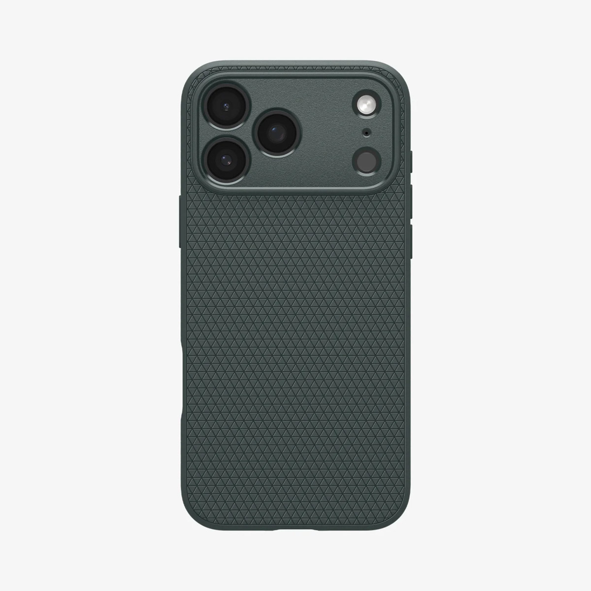 Een donkergrijze telefoonhoes met een textuur. Het heeft meerdere cameralenzen en een flitser, tegen een witte achtergrond.