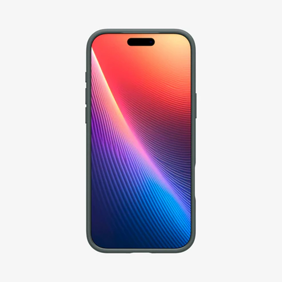 Een smartphone met een gradiëntscherm, dat overgaat van rood naar blauw, in een grijze behuizing, tegen een witte achtergrond.