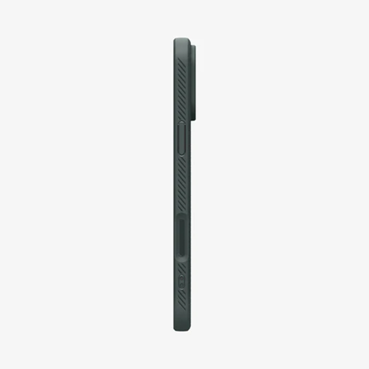 Zijaanzicht van een donkergrijze telefoonhoes. Het heeft een uitsparing voor de camera en knoppen aan de zijkant. De achtergrond is effen wit.