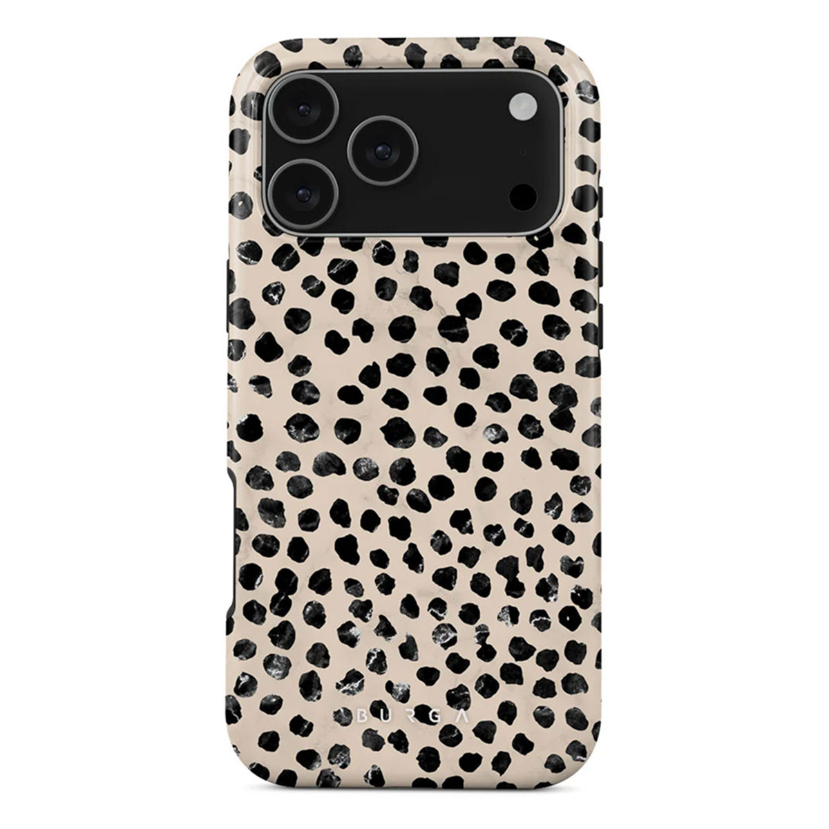 Een telefoonhoesje met een beige achtergrond en zwarte stippen. De telefoon heeft een zwart cameragedeelte met drie lenzen.