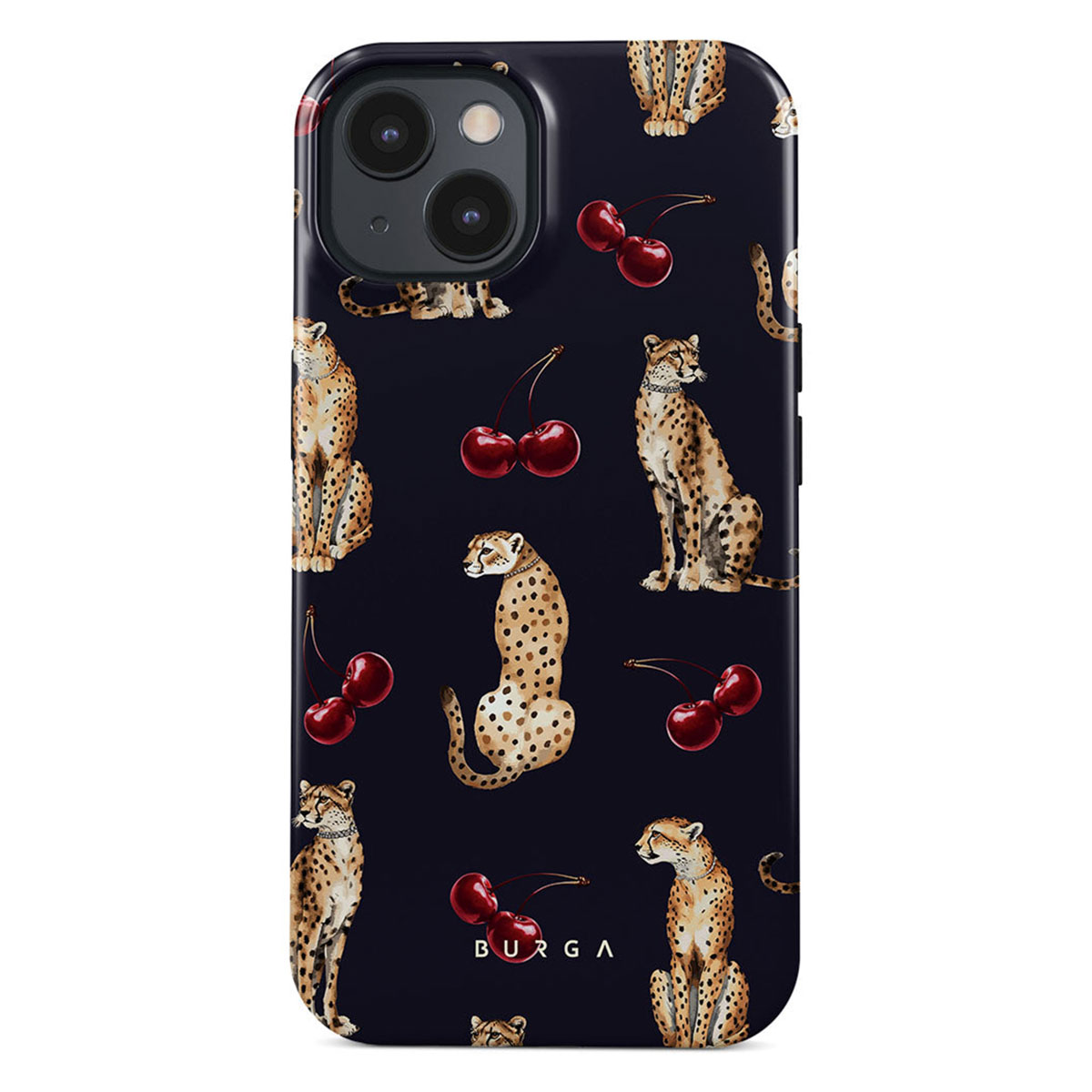 Telefoonhoesje met een donkerblauwe achtergrond. Cheetahs en kersen zijn op de hoes gepatrooneerd. De hoes heeft een cameramodule.