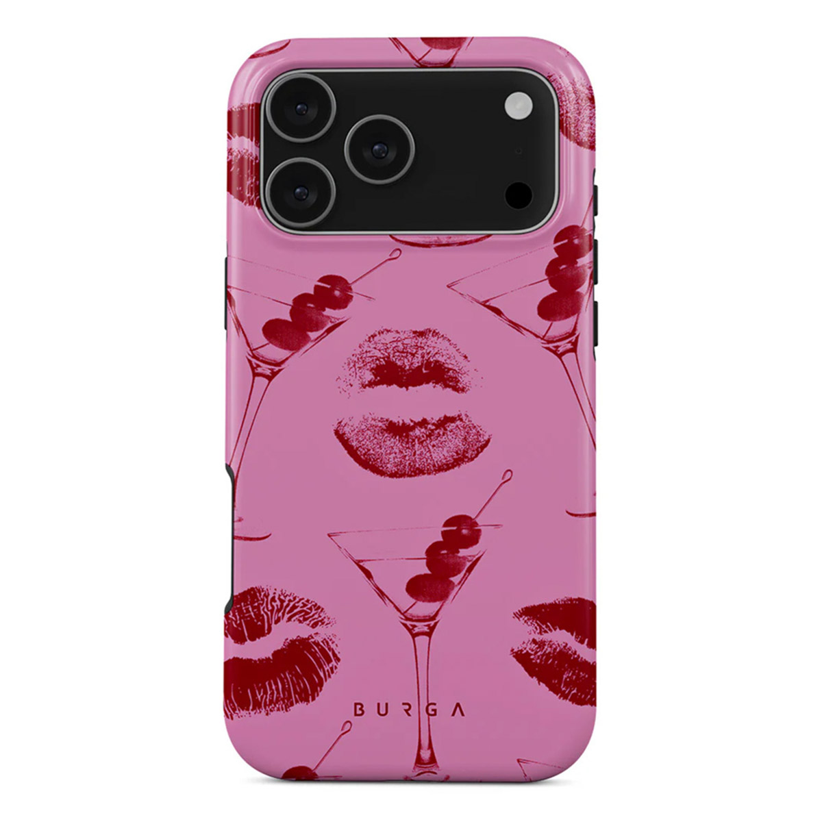 Roze telefoonhoesje met rode lipafdrukken, martiniglazen en kersen. Camera en merknaam 'BURGA' zijn zichtbaar.