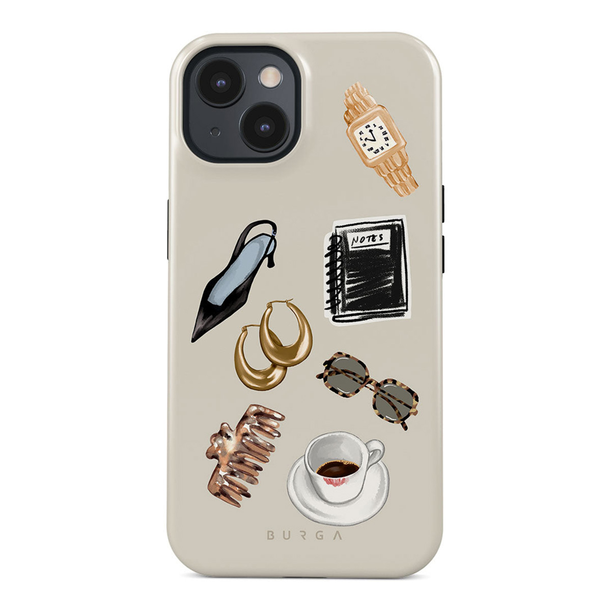 Telefoonhoesje met illustraties van accessoires: hakken, oorbellen, notitieboek, zonnebril, koffie, horloge en kam.