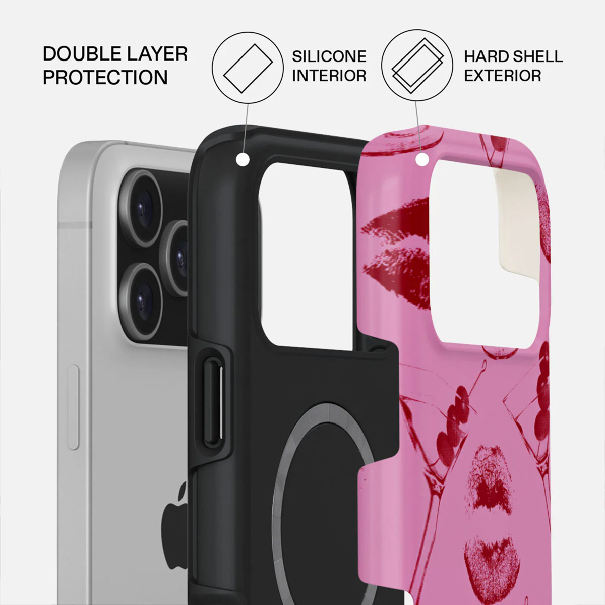 Une coque de téléphone avec une protection à triple couche. Elle comprend un téléphone blanc, un intérieur en silicone noir et un extérieur rose avec empreintes de lèvres.